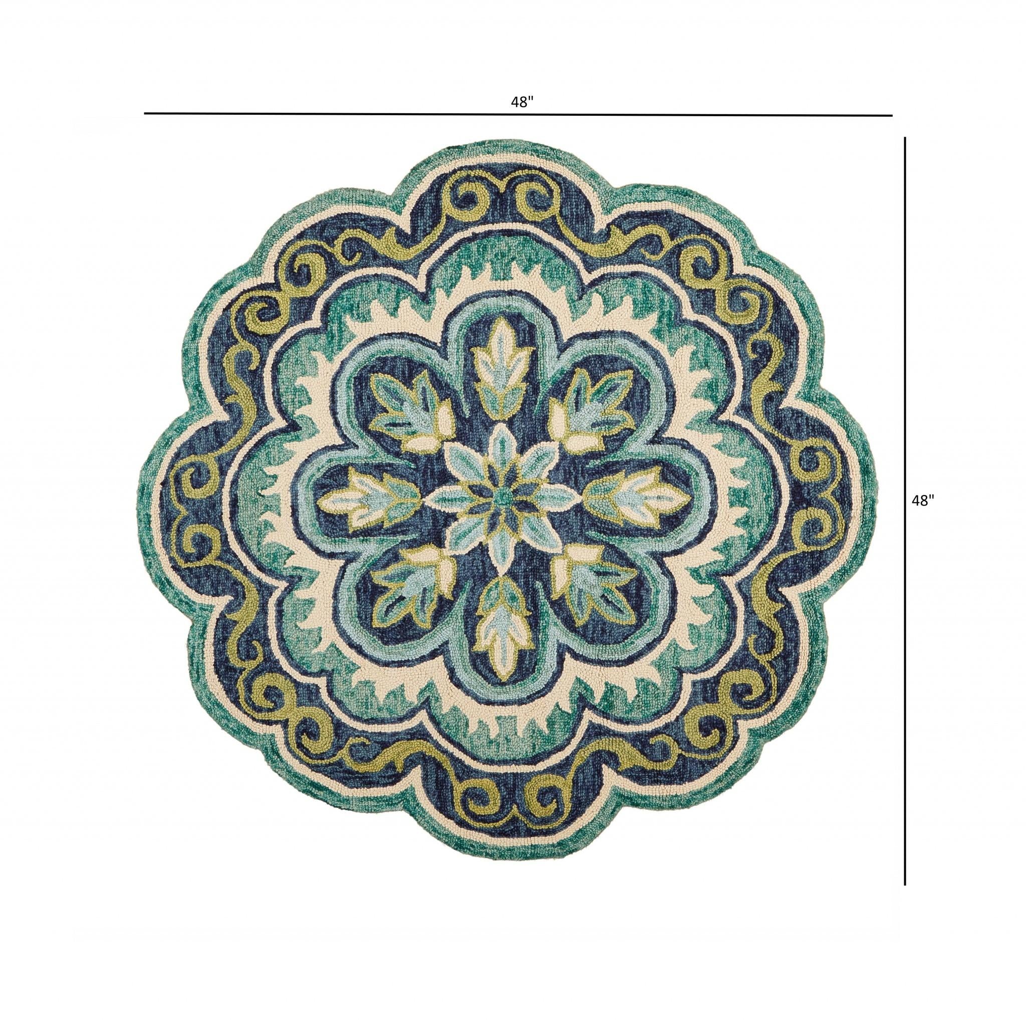 4’ Round Green Floral Artwork Area Rug Default Title