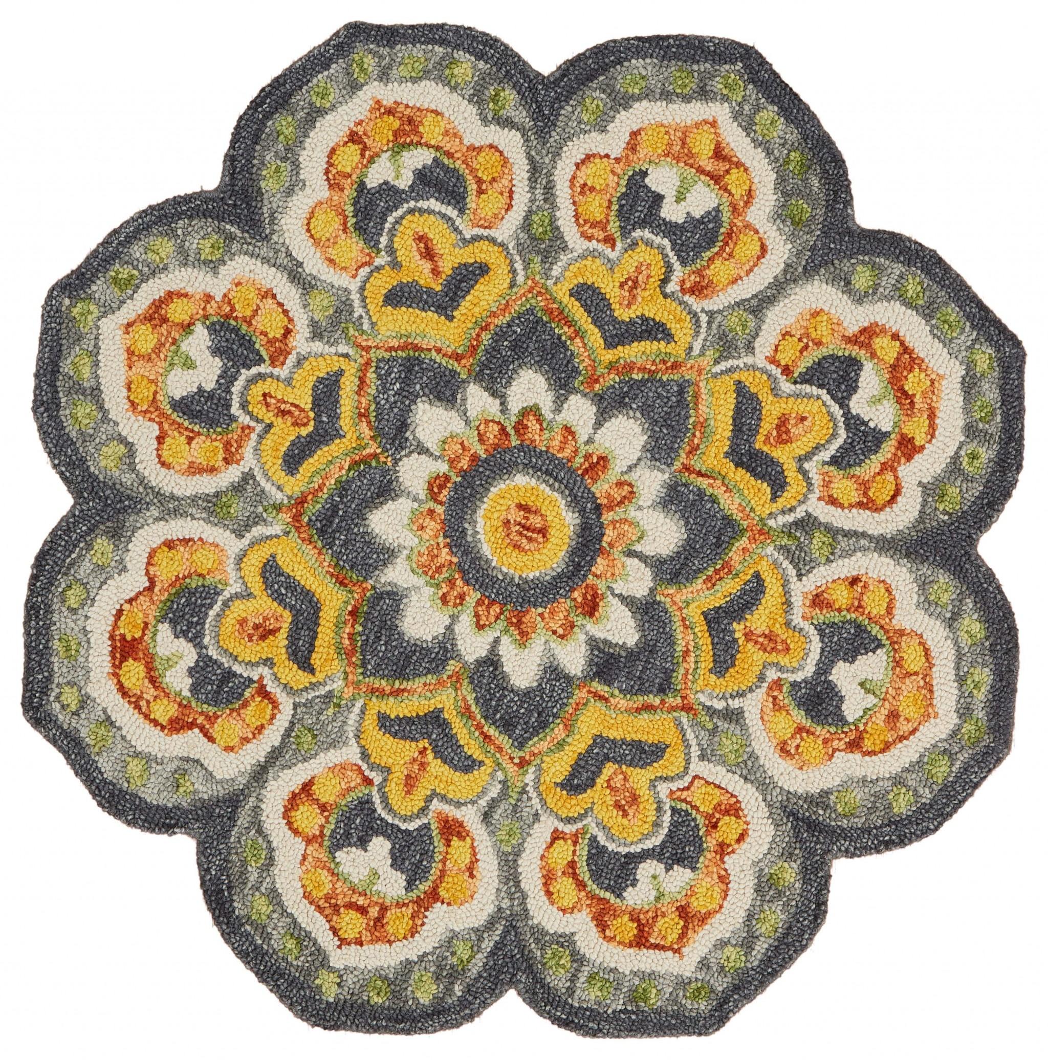 4’ Round Gray and Gold Floret Area Rug Default Title