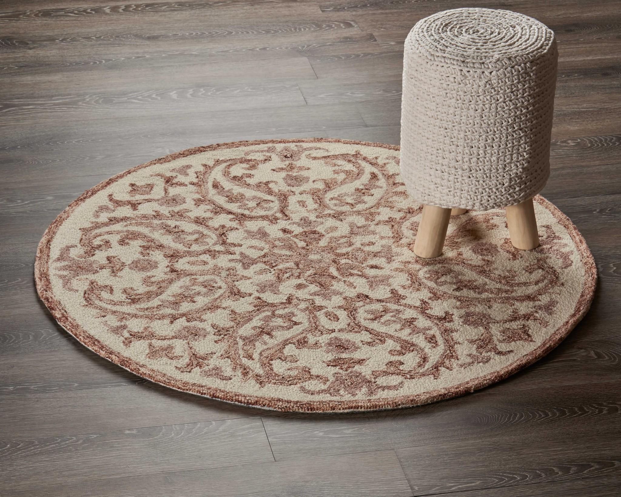 4’ Round Brown Traditional Paisley Area Rug