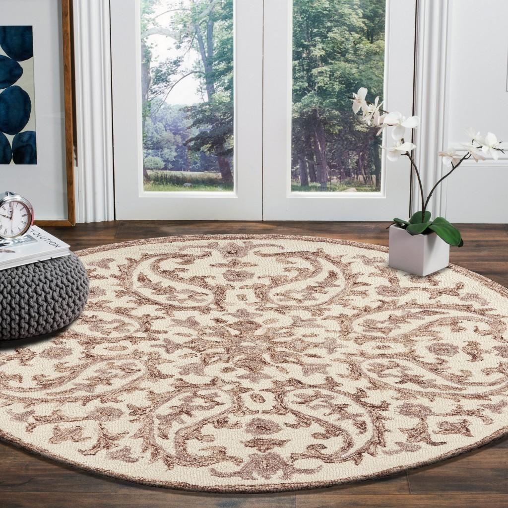 4’ Round Brown Traditional Paisley Area Rug