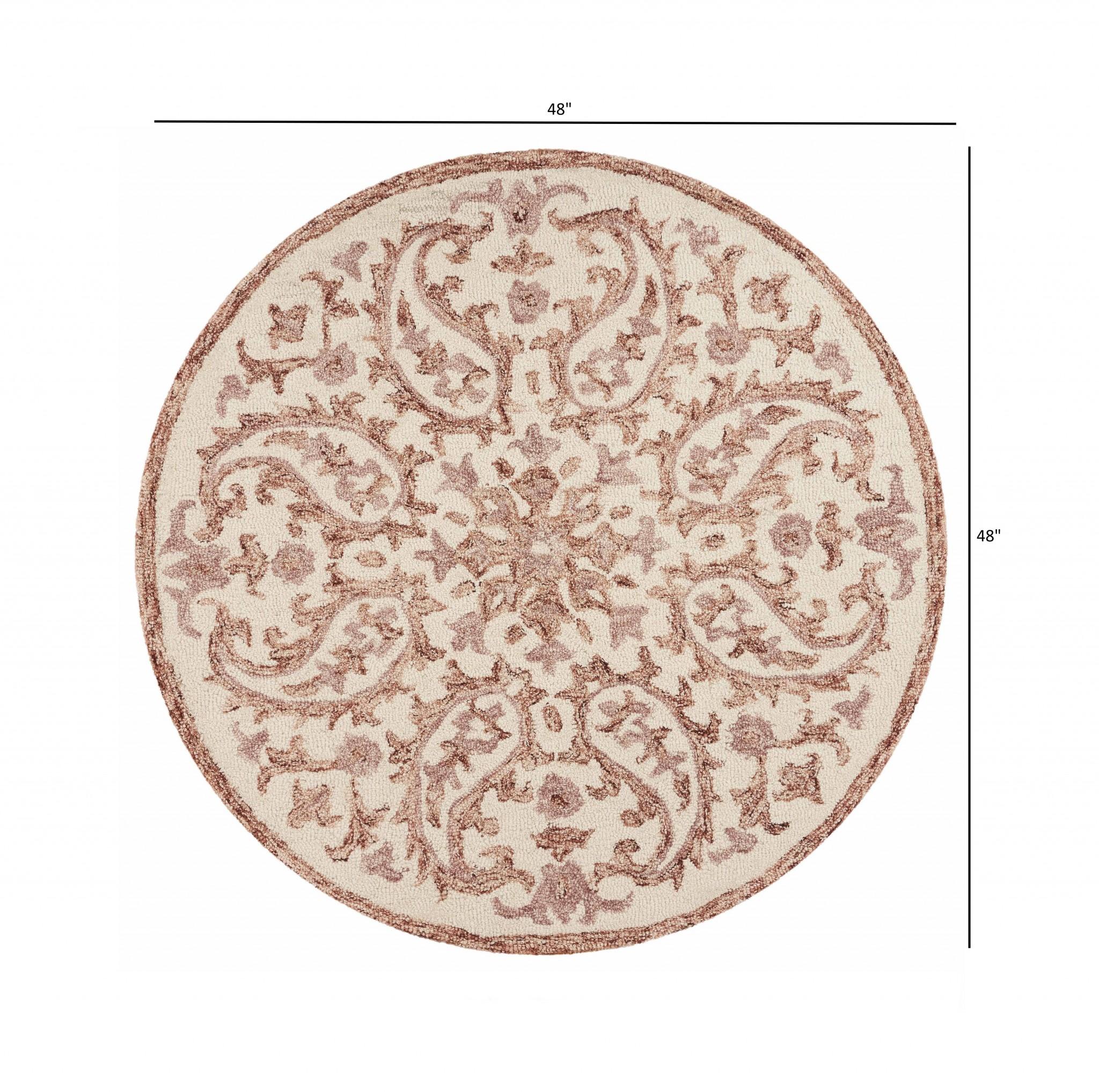 4’ Round Brown Traditional Paisley Area Rug