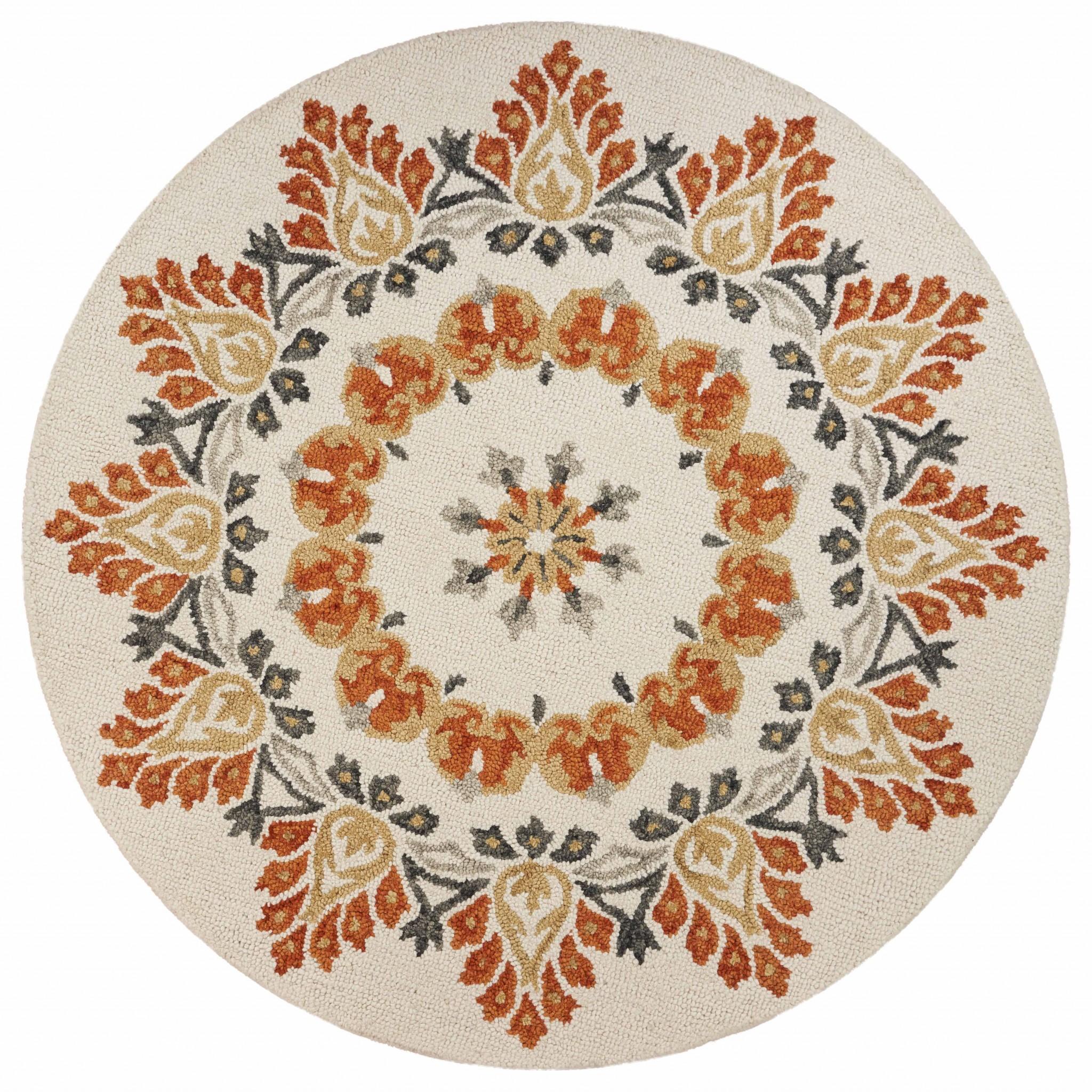 4’ Round Orange Boho Medallion Area Rug Default Title