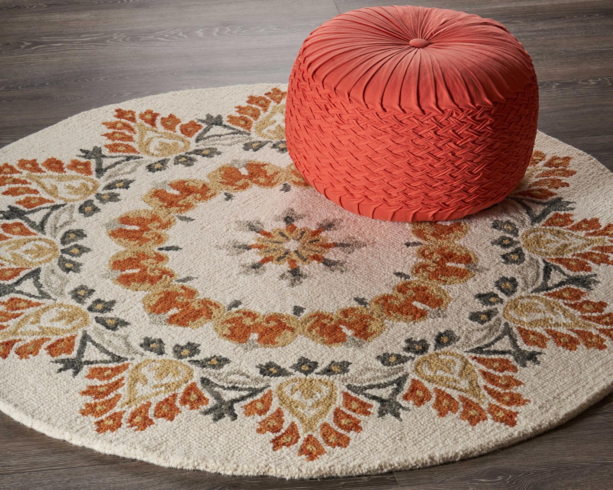 4’ Round Orange Boho Medallion Area Rug