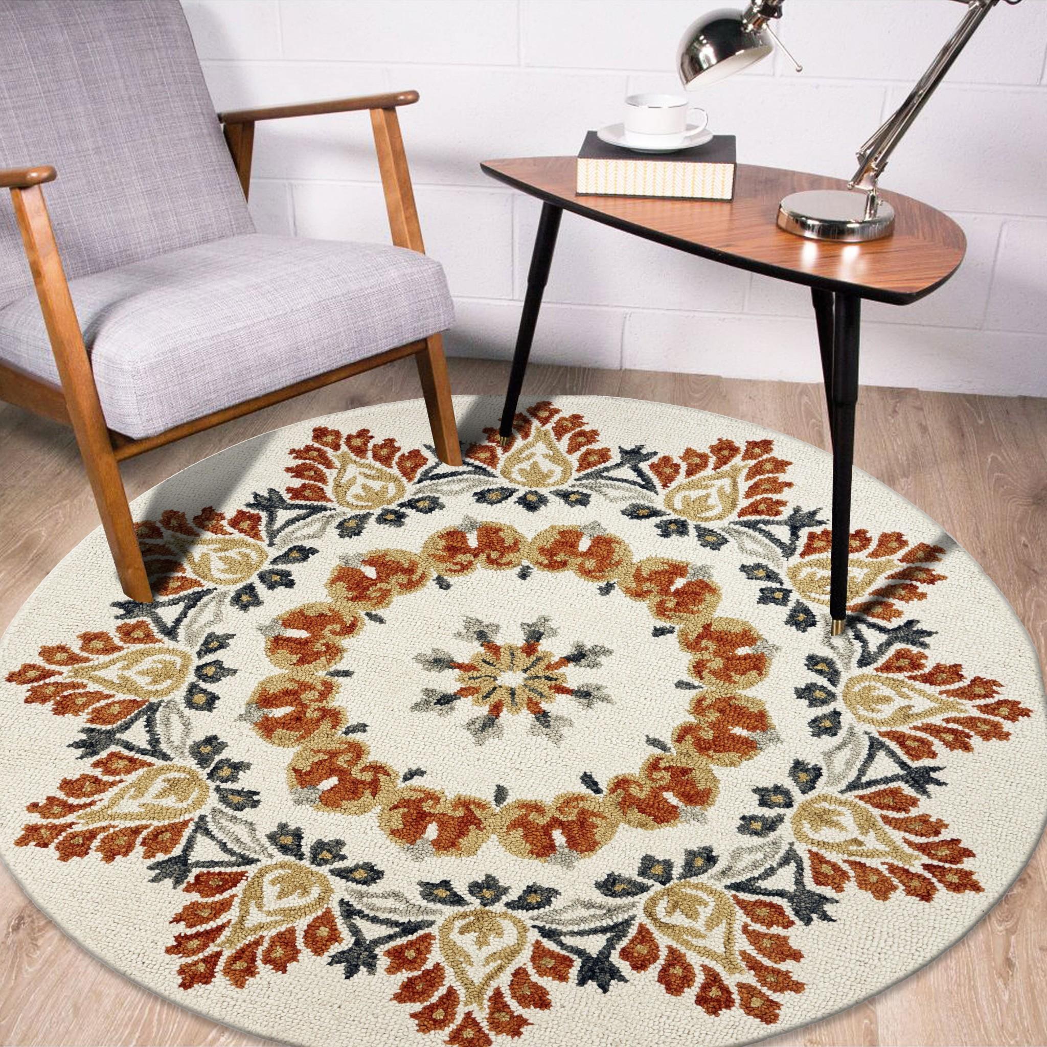 4’ Round Orange Boho Medallion Area Rug