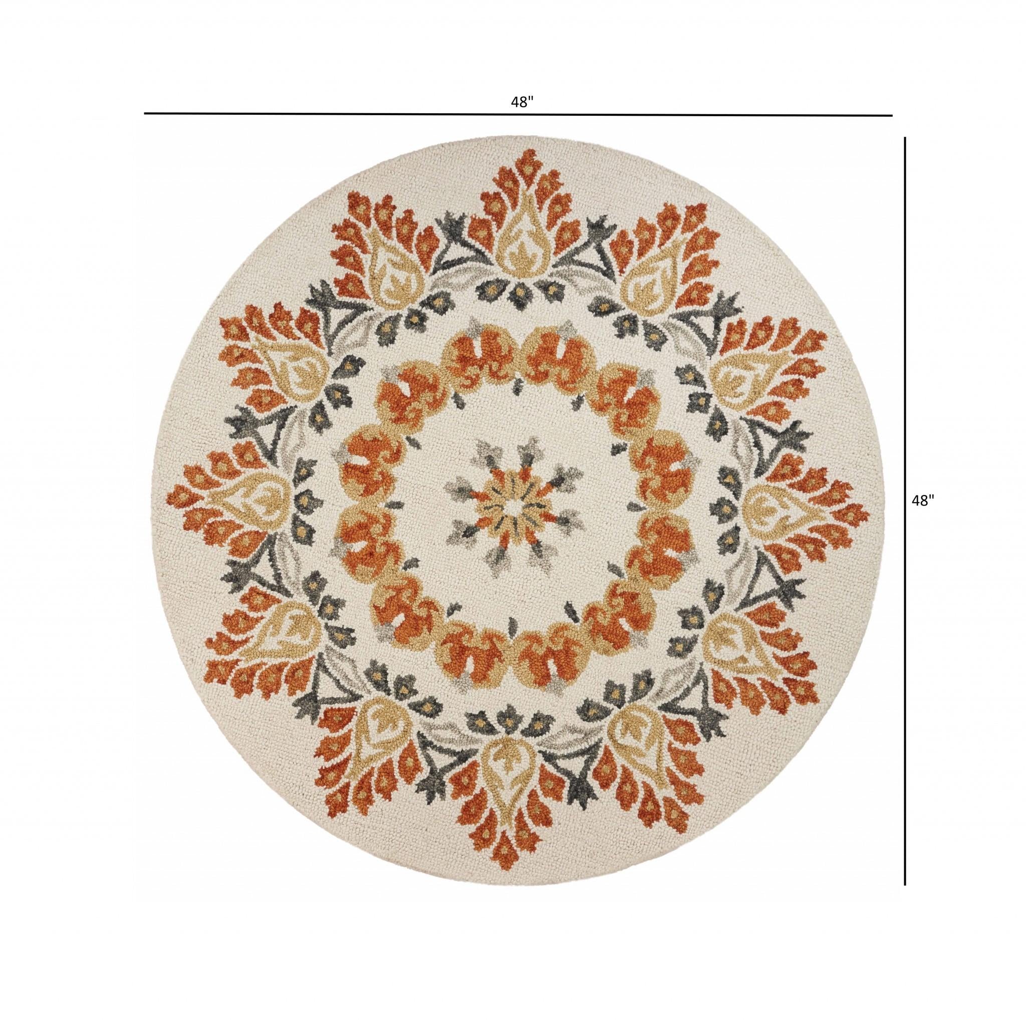 4’ Round Orange Boho Medallion Area Rug