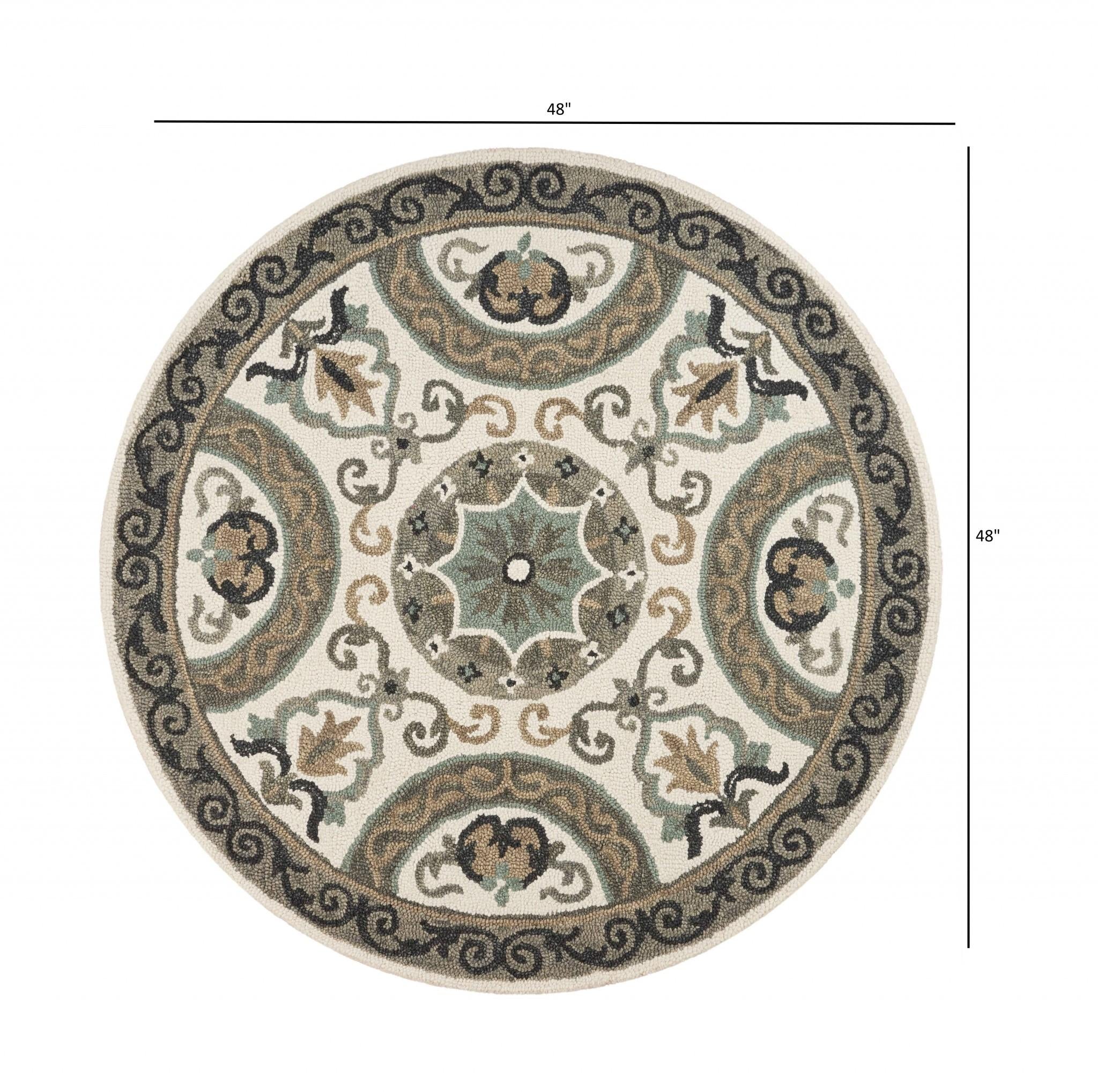 4’ Round Gray Ornate Medallion Area Rug