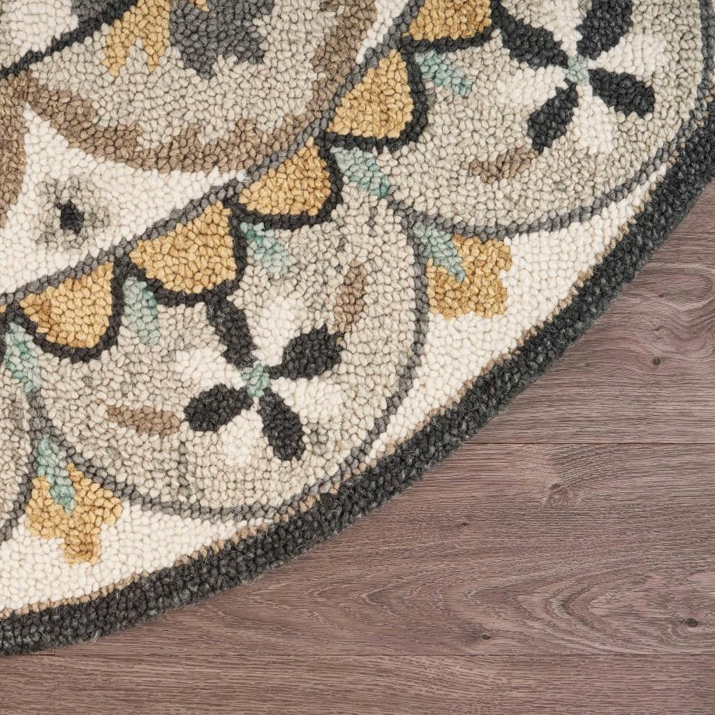 4’ Round Gray and Ivory Floral Bloom Area Rug Default Title