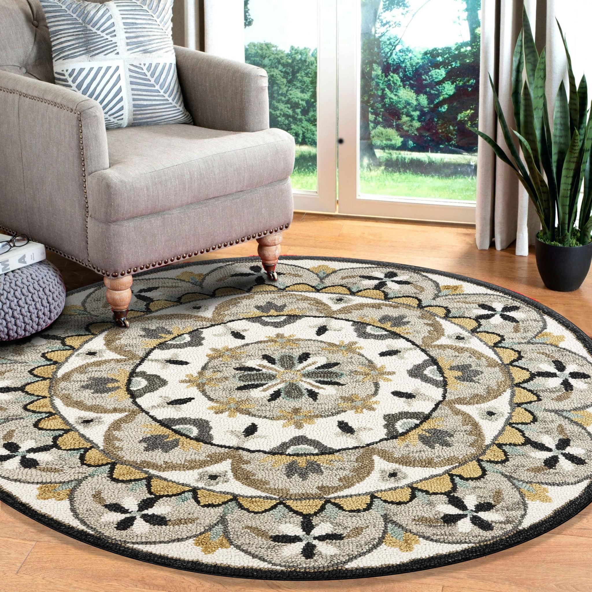 6’ Round Gray and Ivory Floral Bloom Area Rug Default Title