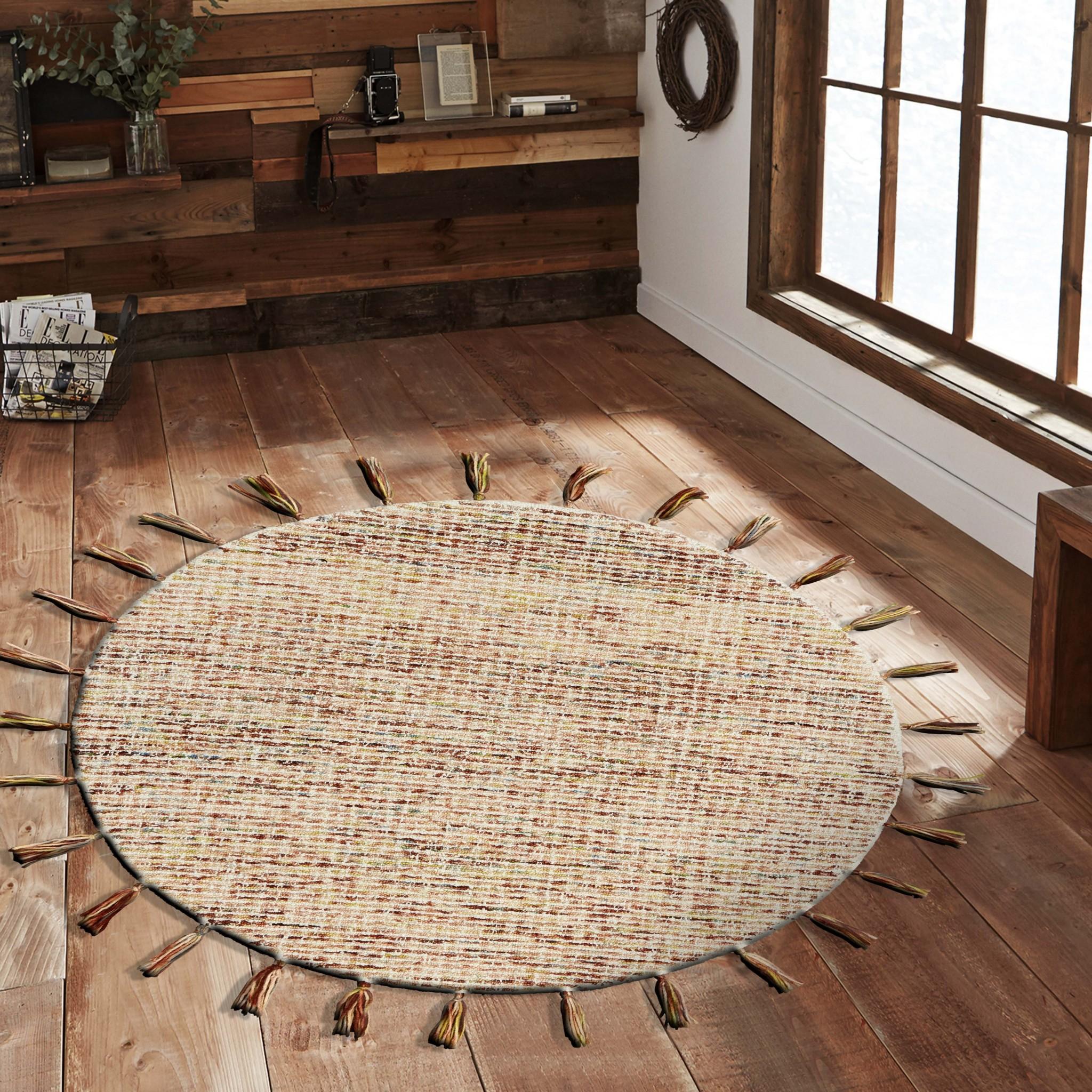 4’ Round Beige Sun Tasseled Area Rug