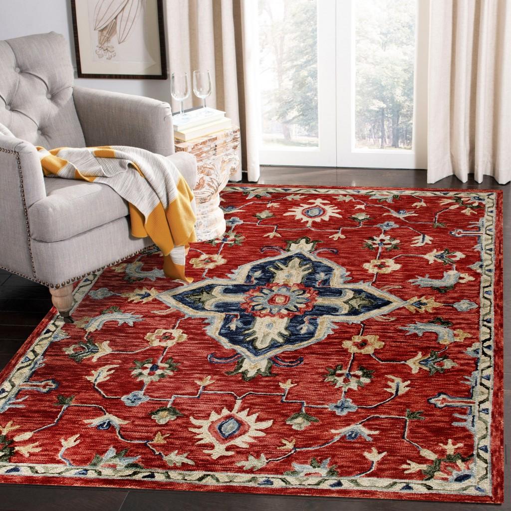 5’ x 7’ Red and Blue Floral Medallion Area Rug