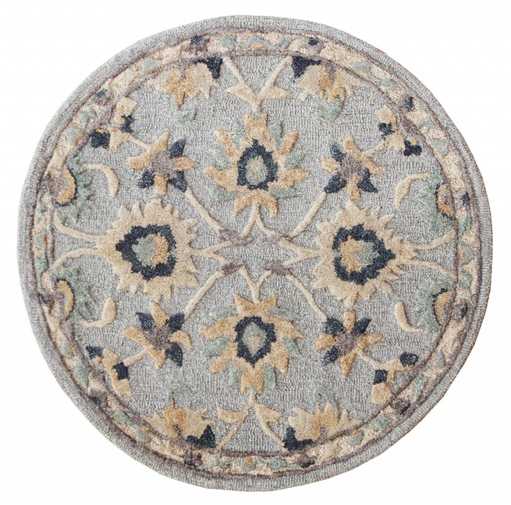 3’ Round Blue and Beige Floral Area Rug Default Title