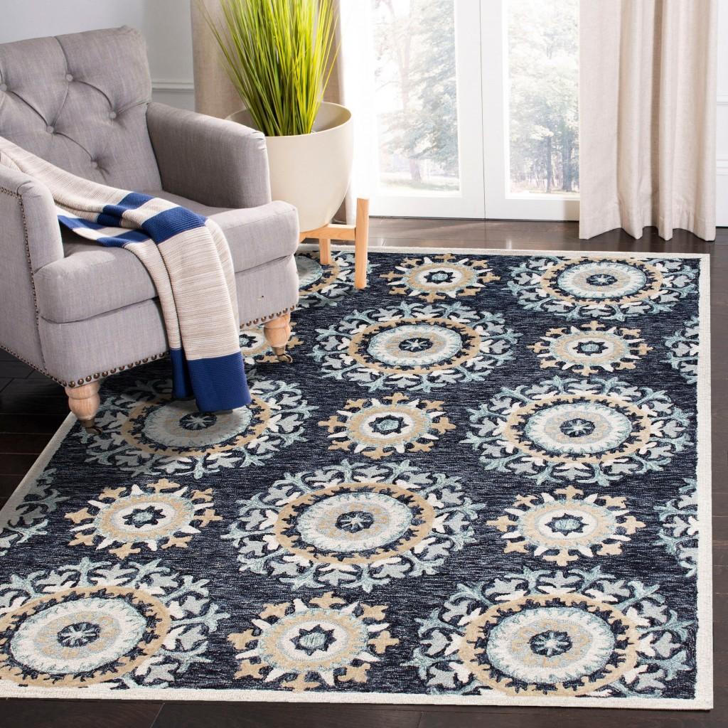 5’ x 7’ Blue and Beige Floral Disc Area Rug