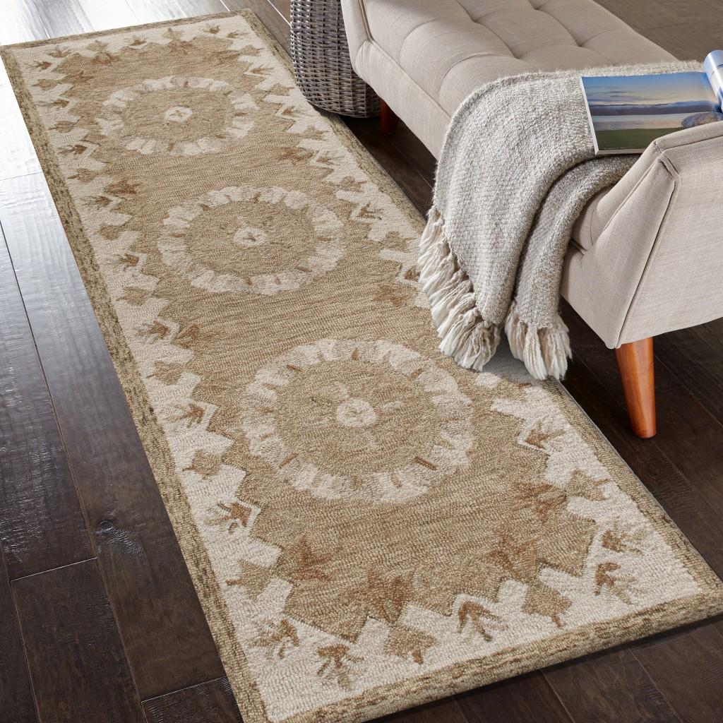 2’ x 7’ Tan Retro Modern Medallion Runner Rug