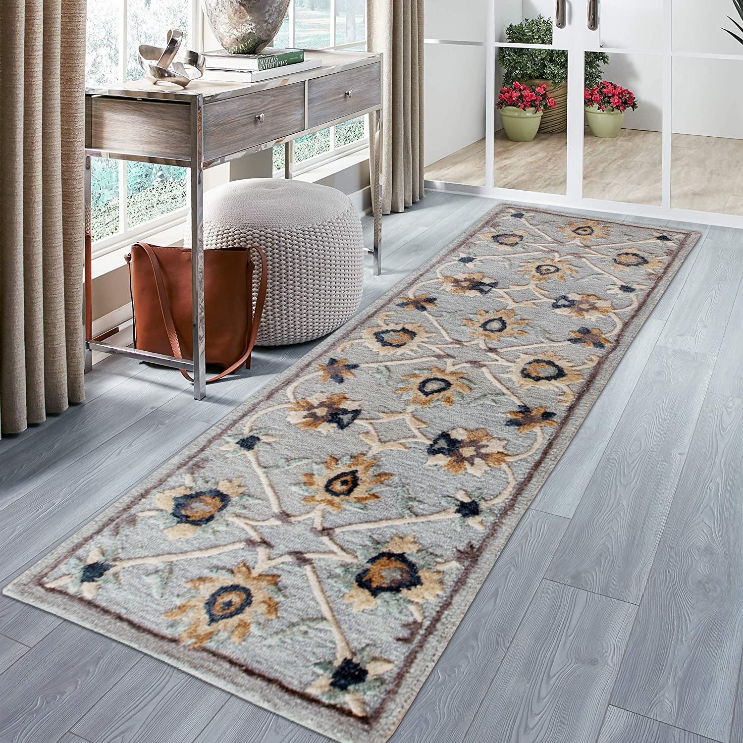 2’ x 7’ Blue and Beige Floral Runner Rug Default Title