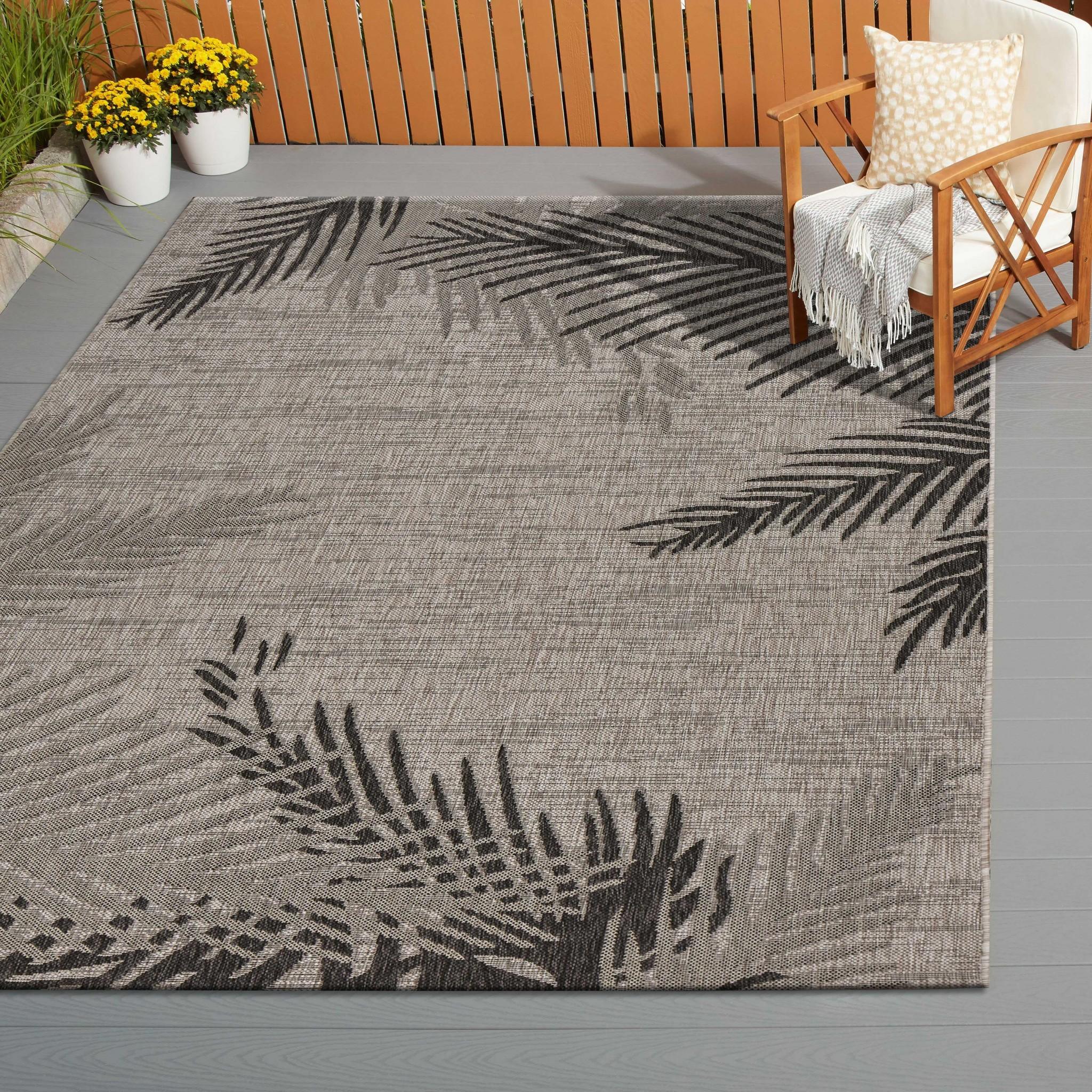 5’ x 7’ Beige Palm Leaves Indoor Outdoor Area Rug