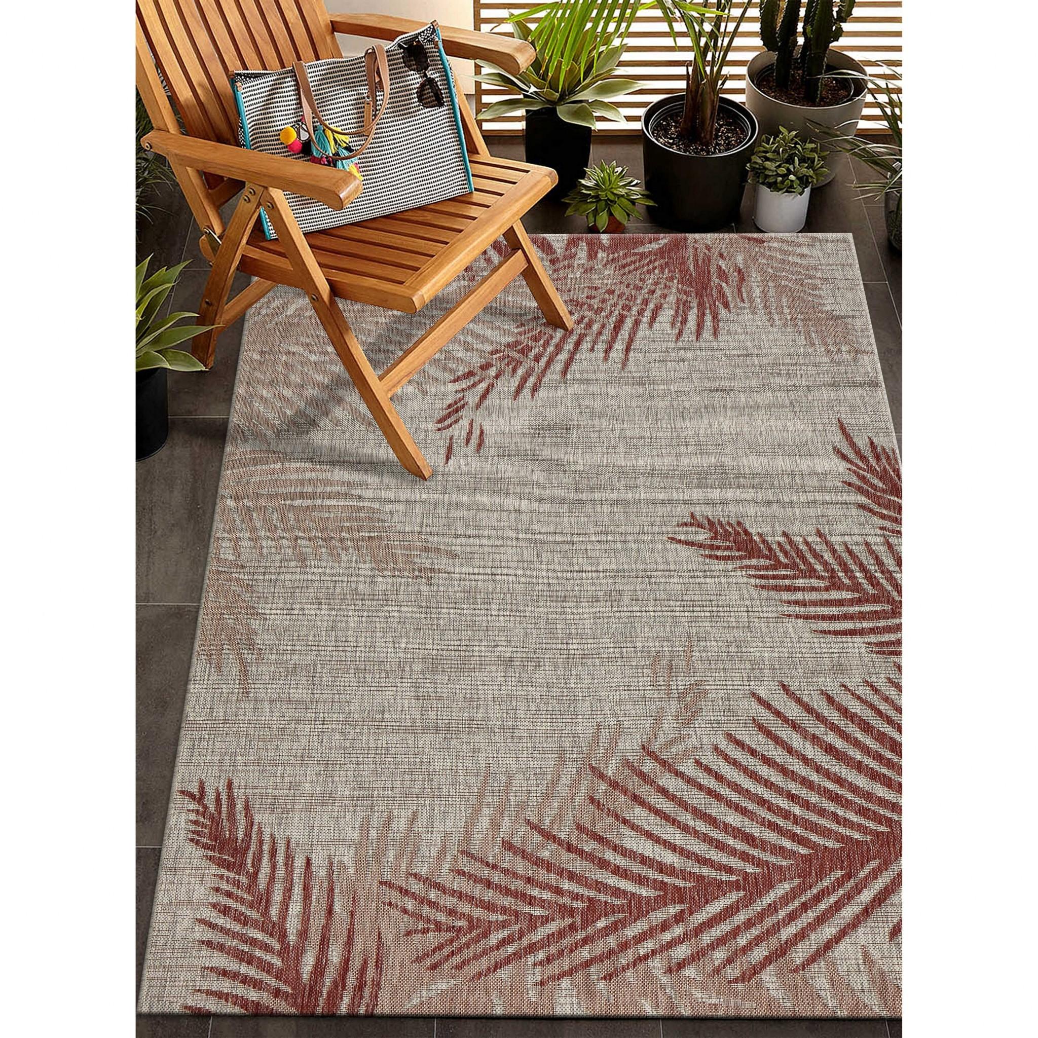 5’ x 7’ Red Palm Leaves Indoor Outdoor Area Rug