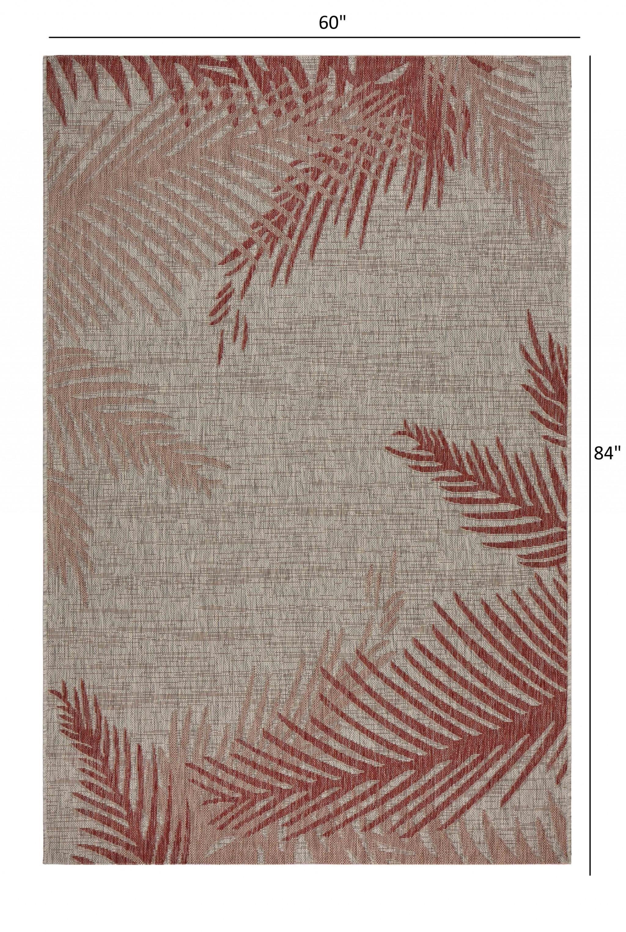 5’ x 7’ Red Palm Leaves Indoor Outdoor Area Rug