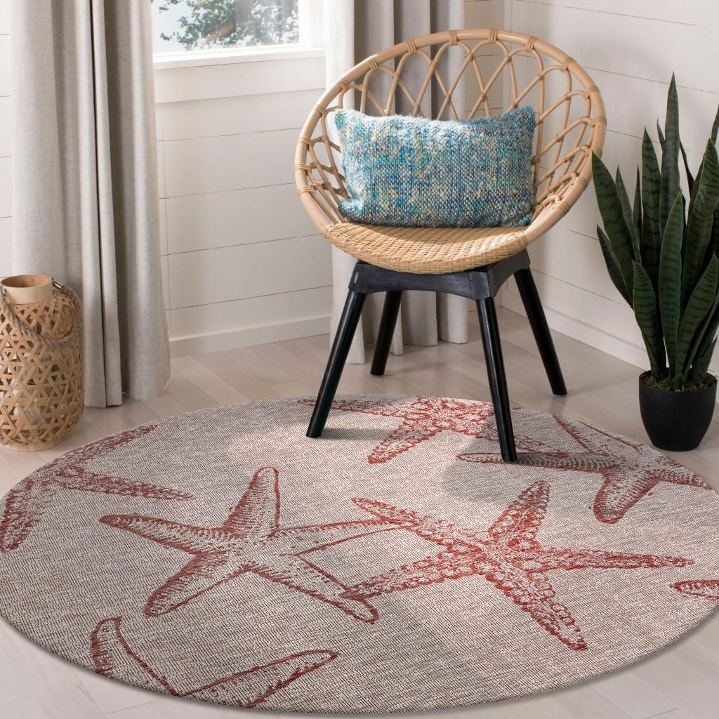 8’ Round Red Starfish Indoor Outdoor Area Rug