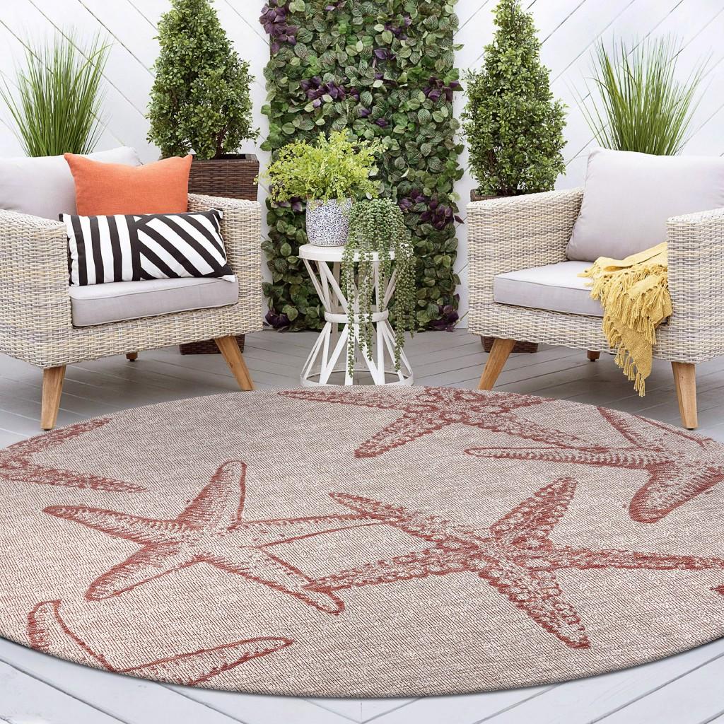 8’ Round Red Starfish Indoor Outdoor Area Rug