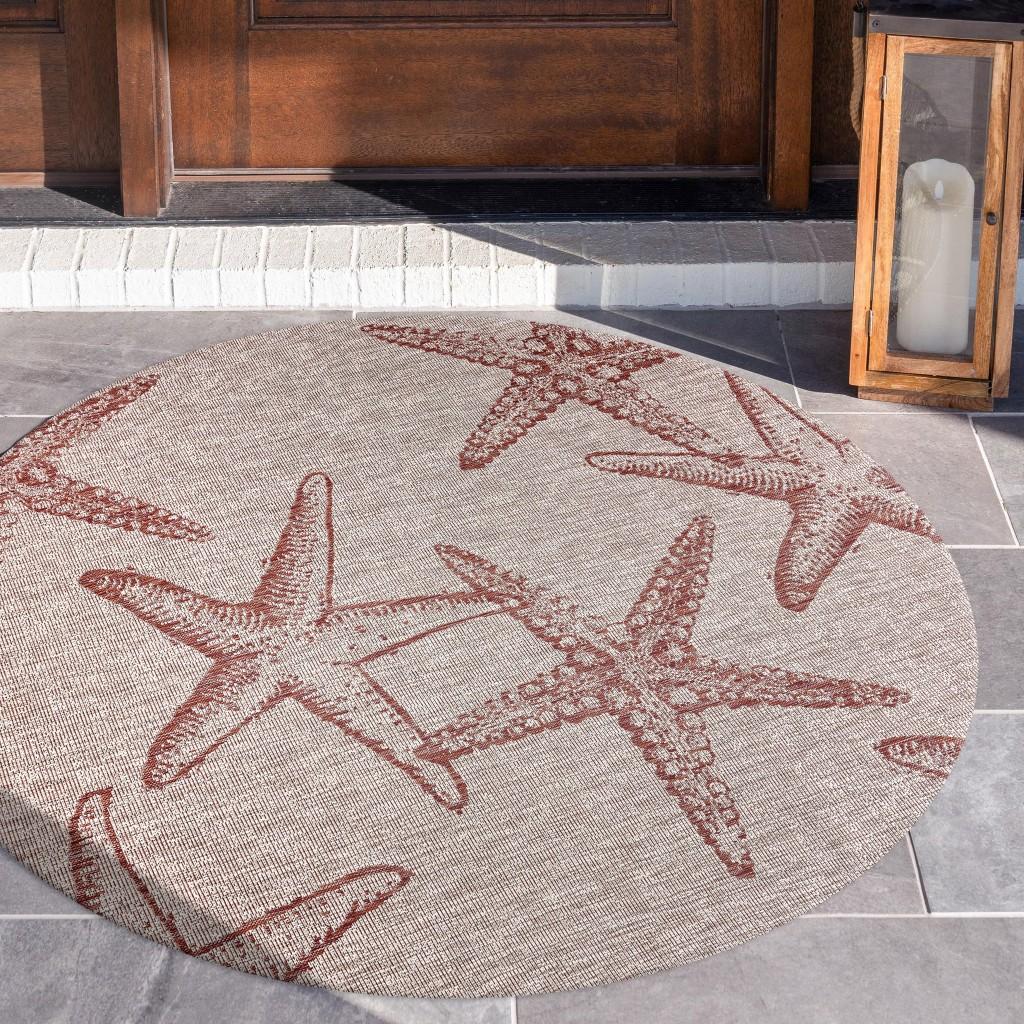 8’ Round Red Starfish Indoor Outdoor Area Rug