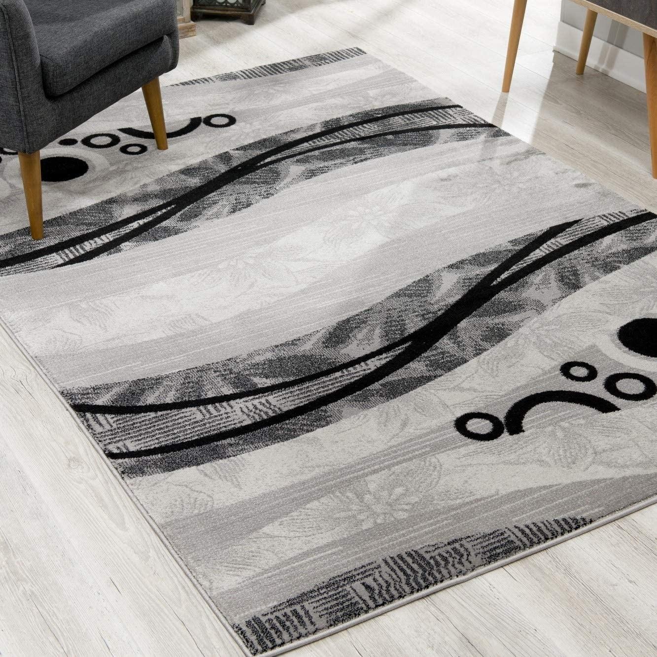 2’ x 15’ Gray and Black Abstract Waves Runner Rug