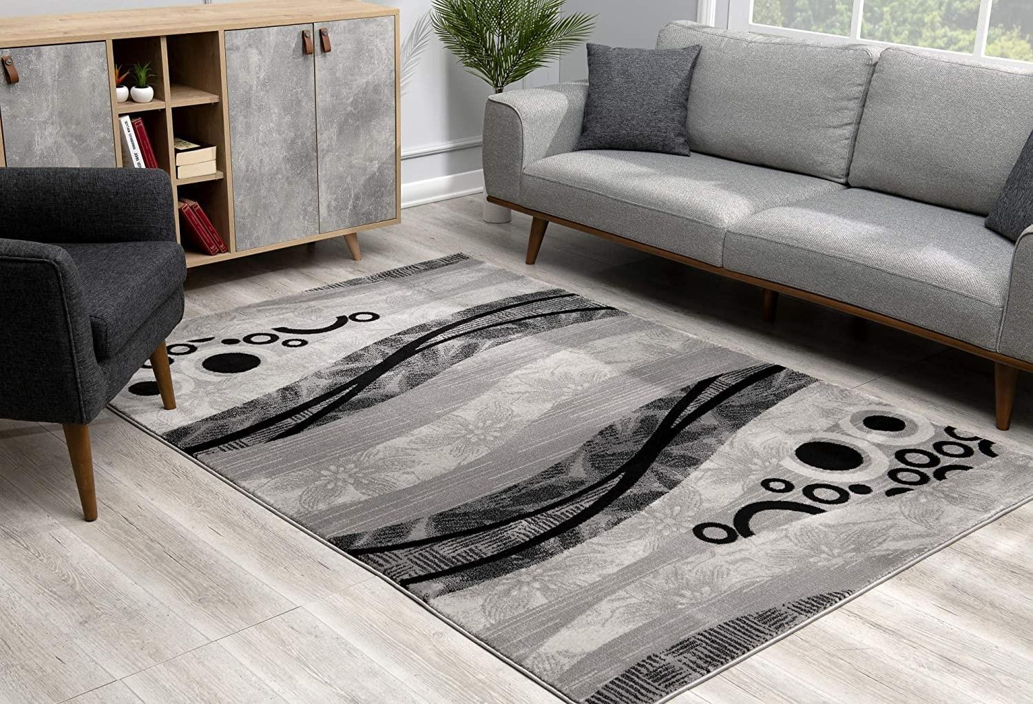 8’ x 11’ Gray and Black Abstract Waves Area Rug