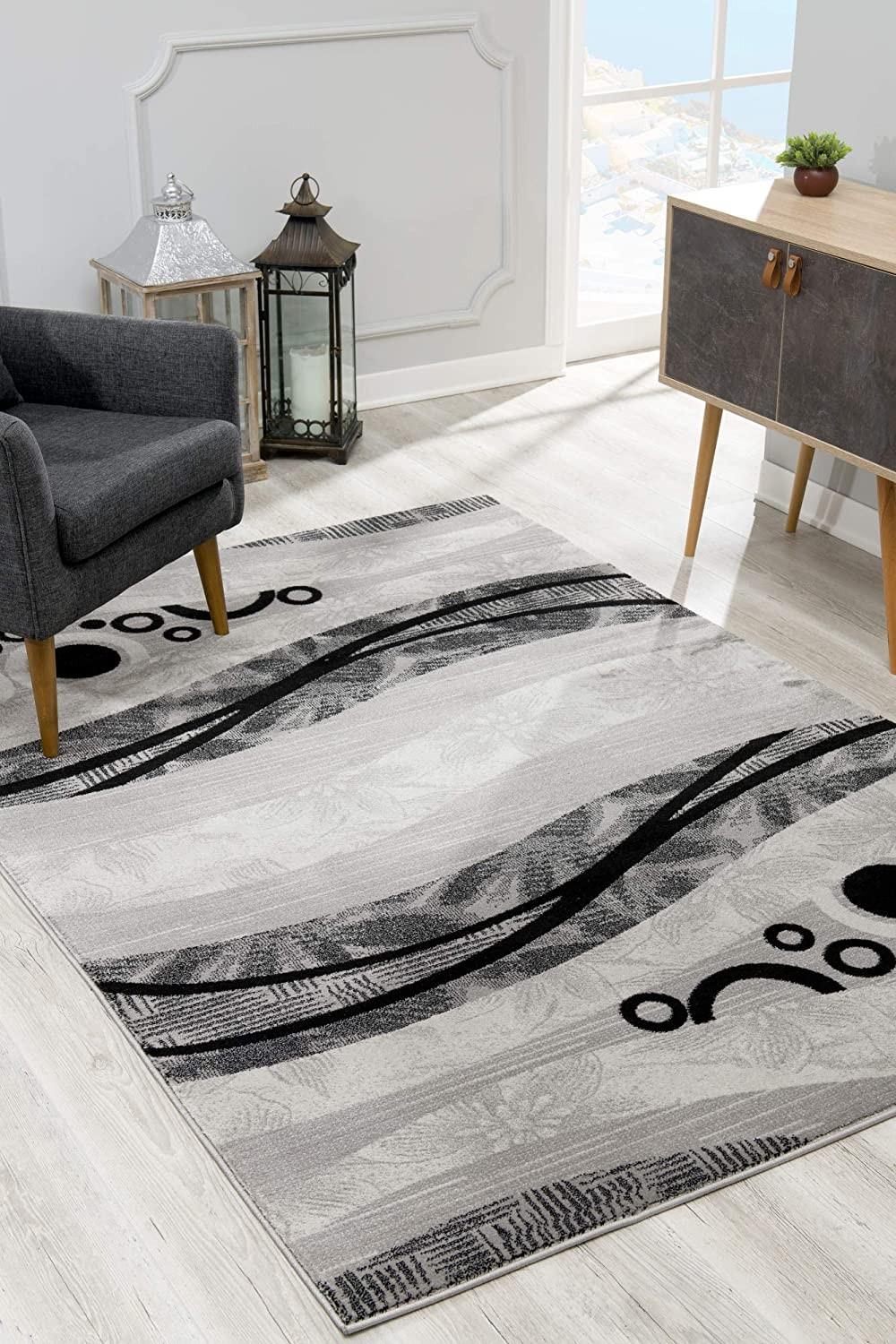 8’ x 11’ Gray and Black Abstract Waves Area Rug