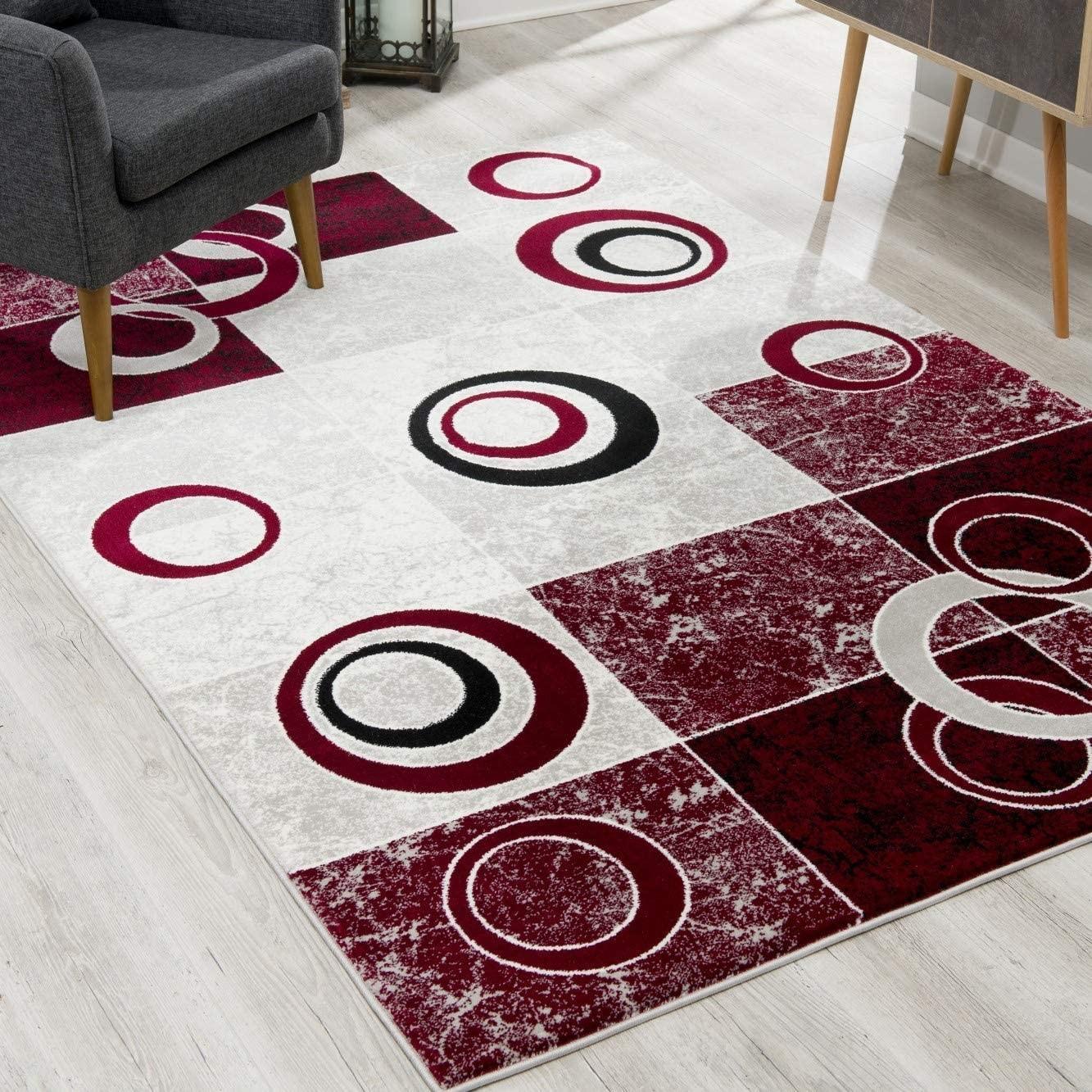 8’ x 11’ Red and White Inverse Circles Area Rug