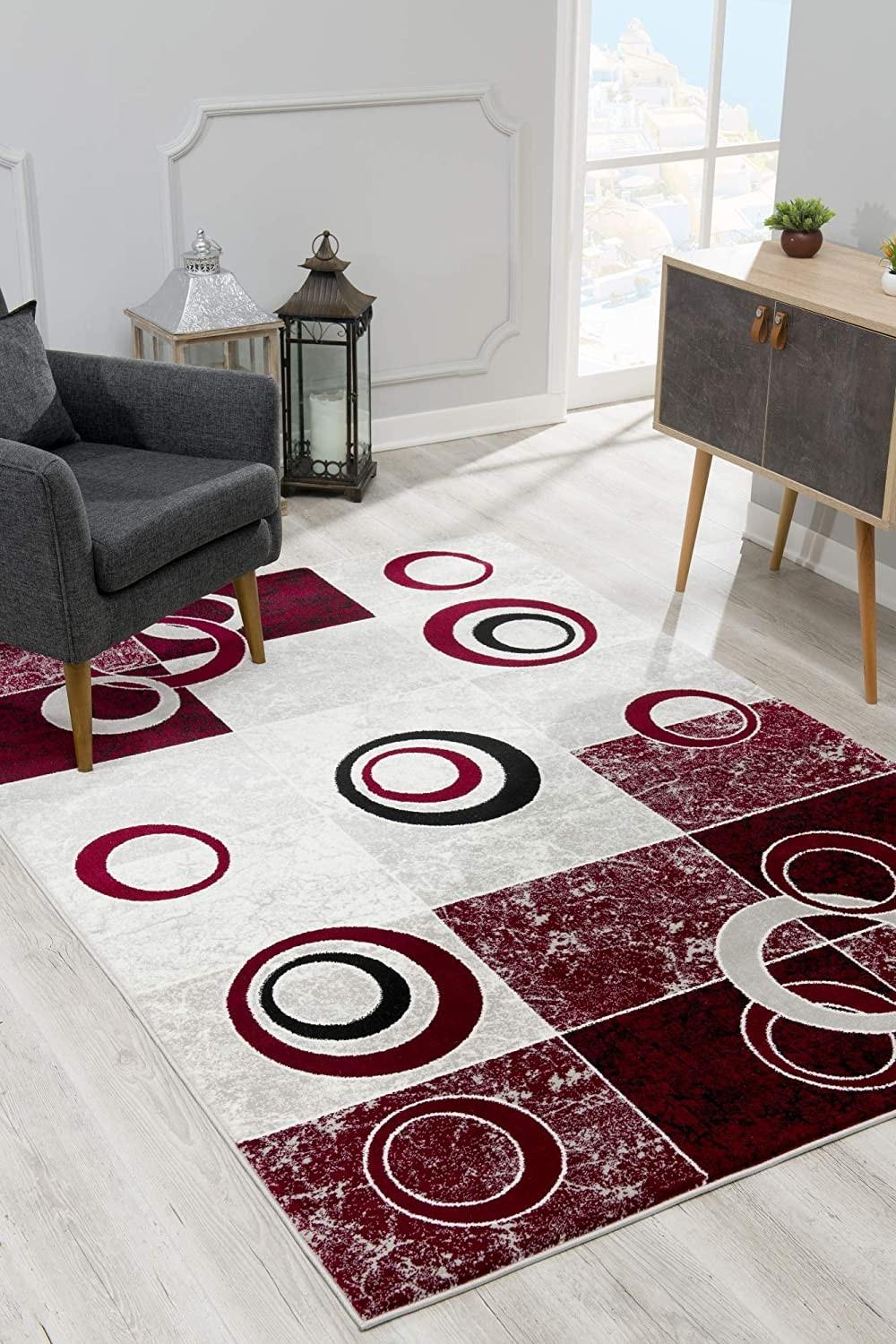 8’ x 11’ Red and White Inverse Circles Area Rug