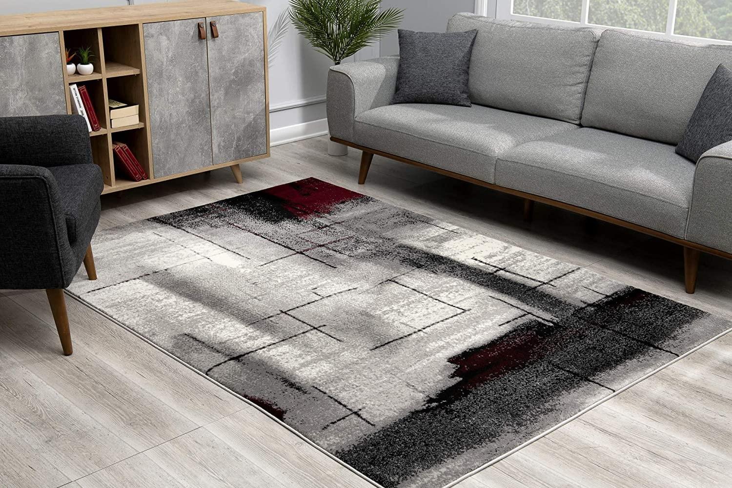 3’ x 5’ Gray and Burgundy Abstract Area Rug