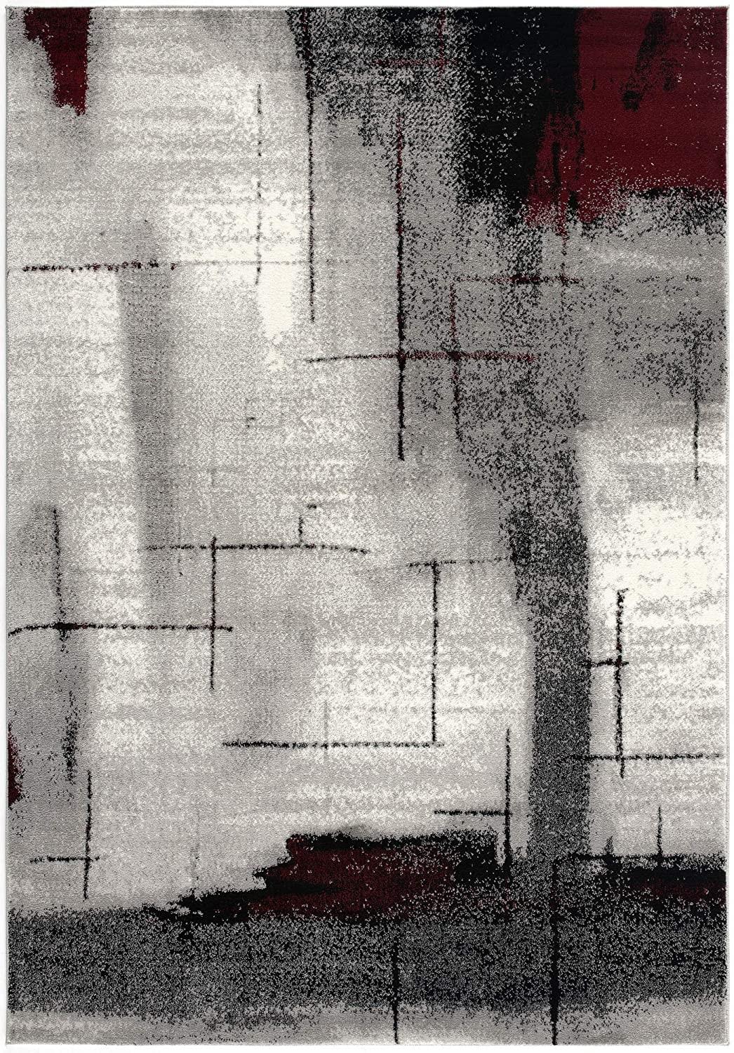 8’ x 11’ Gray and Burgundy Abstract Area Rug