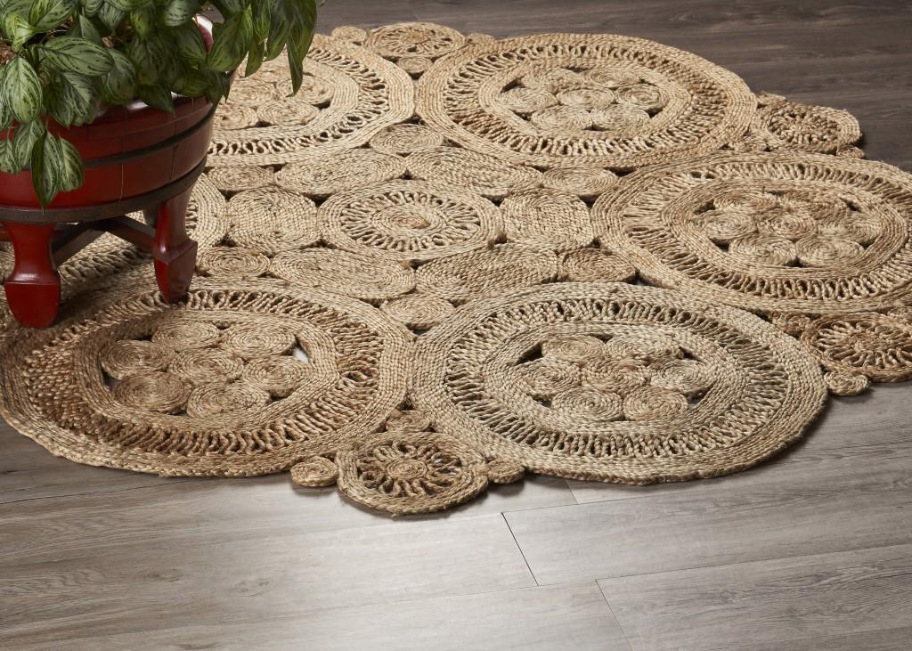 6’ Tan Floral Rings Jute Area Rug