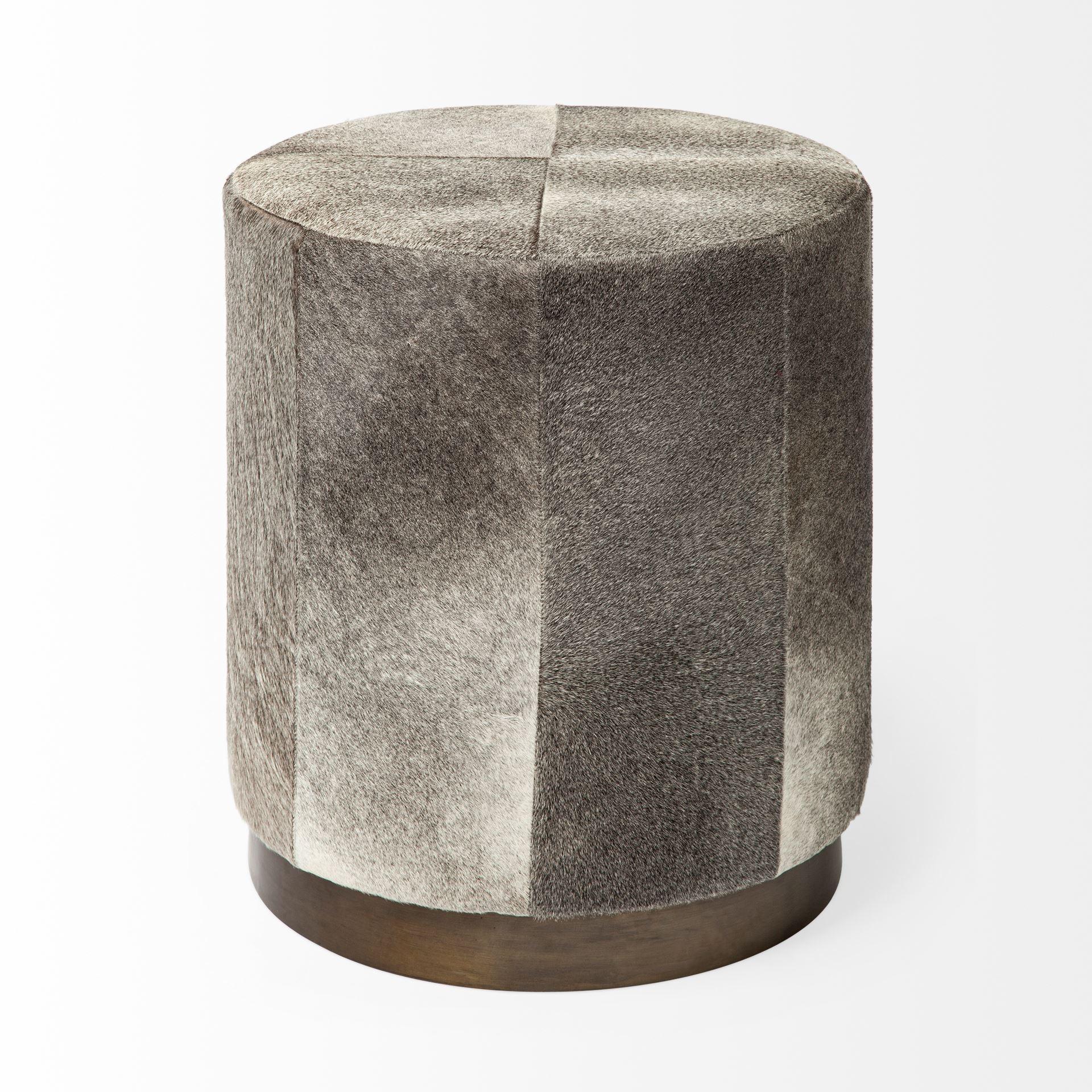 Gray Cowhide Tall Ottoman with Metal Base