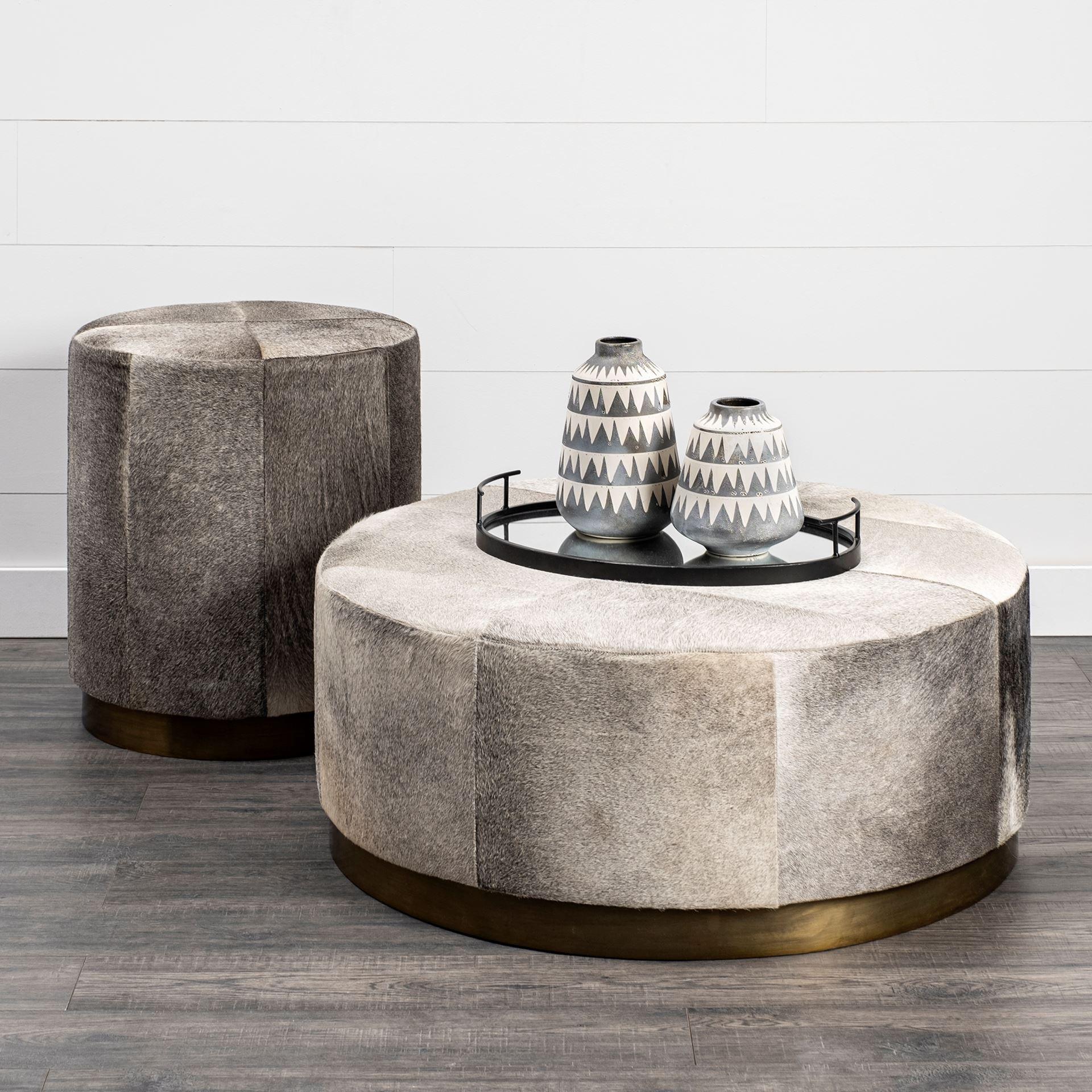 Gray Cowhide Tall Ottoman with Metal Base