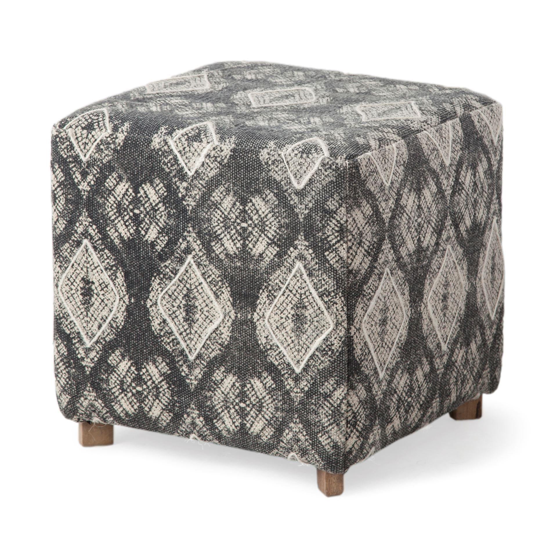 Patterned Fabric Covered Ottoman with Wooden Legs