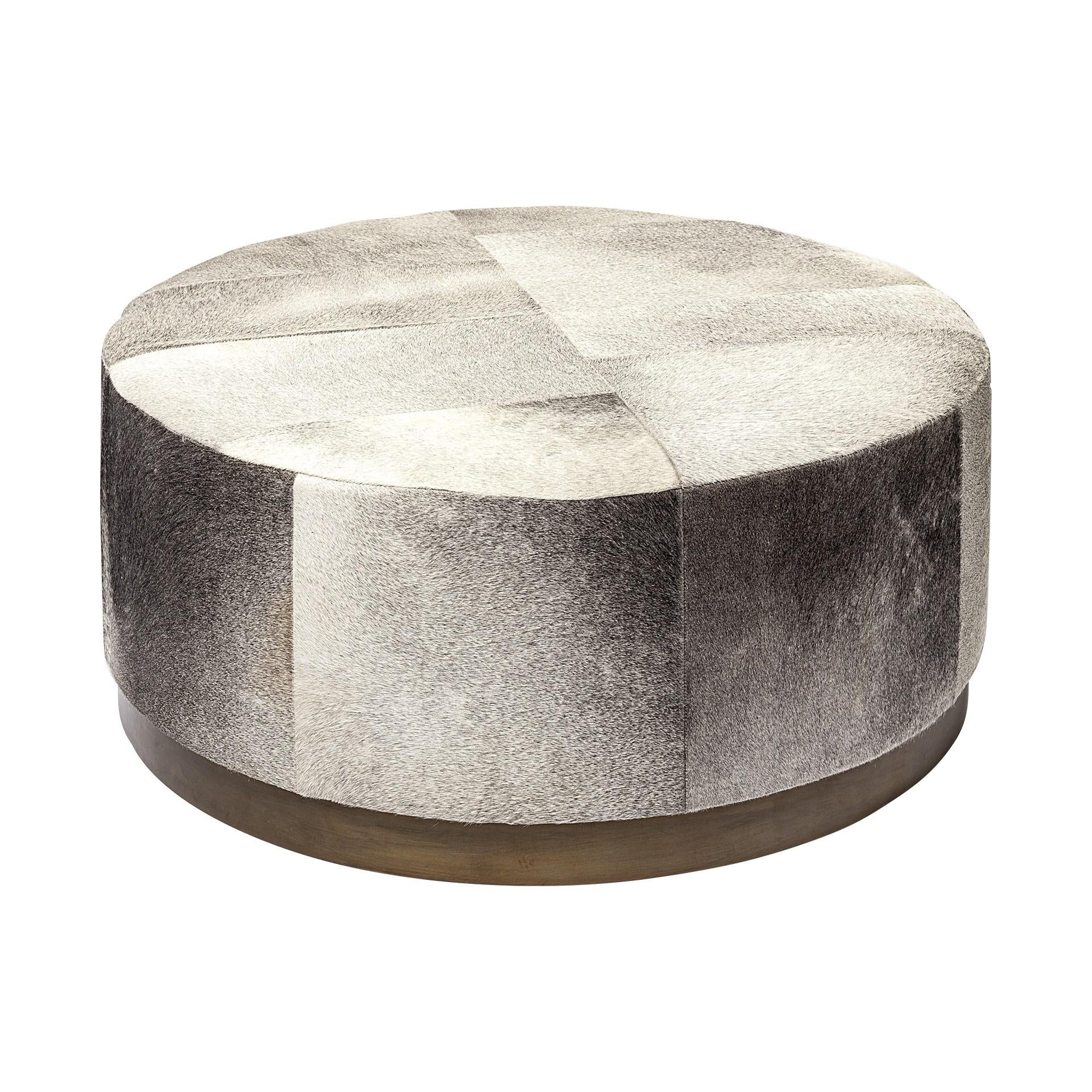 Gray Cowhide Round Ottoman with Metal Base