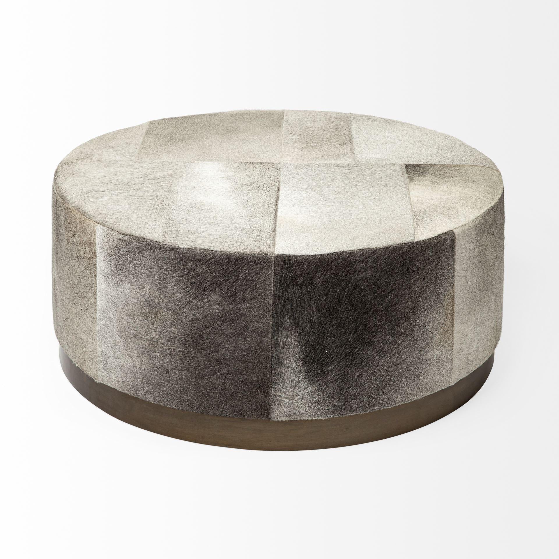 Gray Cowhide Round Ottoman with Metal Base