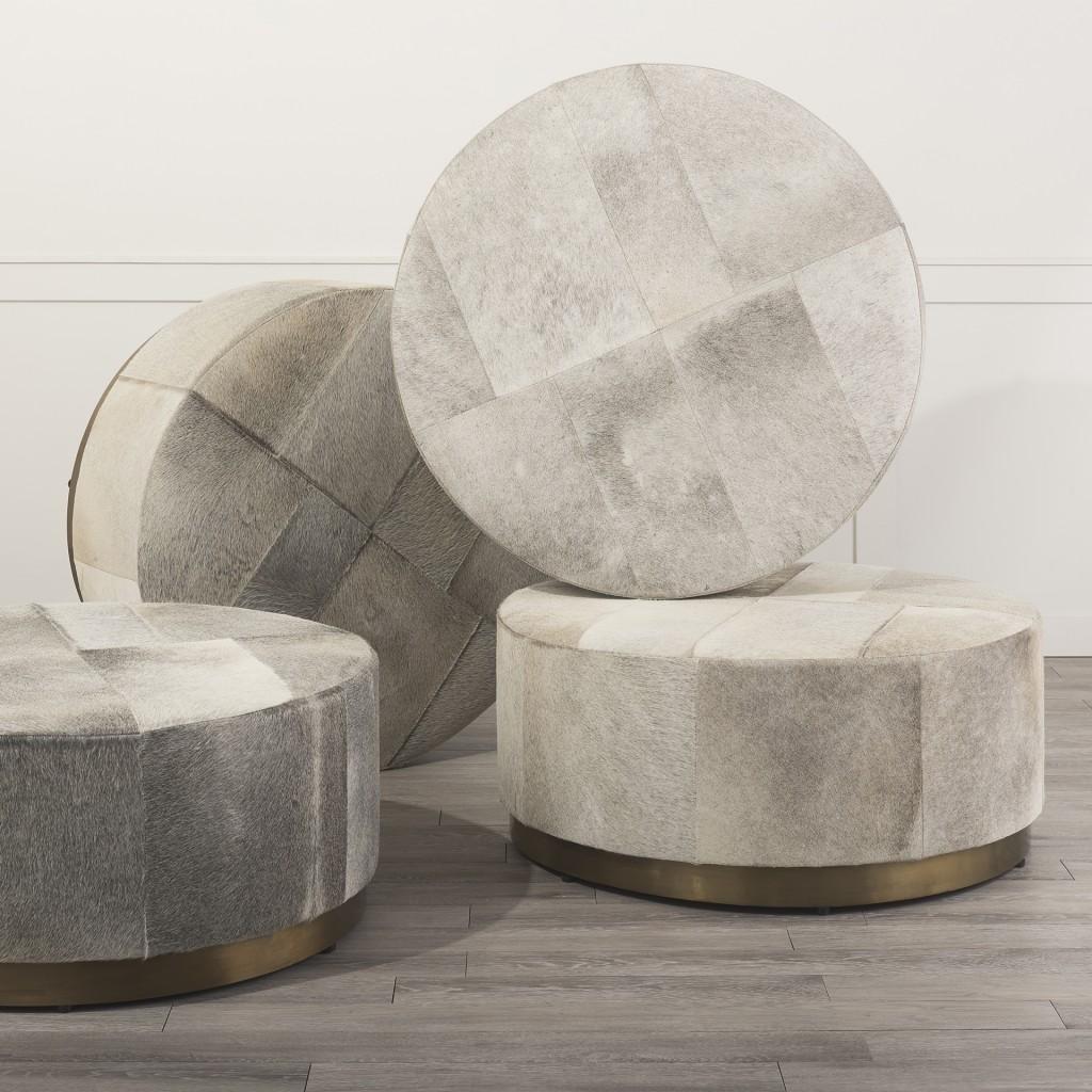 Gray Cowhide Round Ottoman with Metal Base