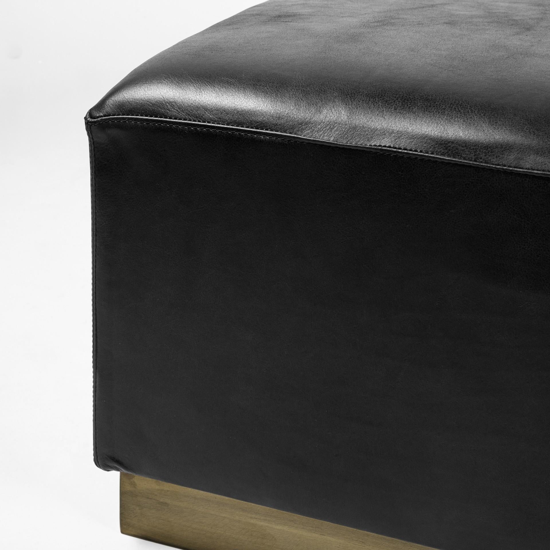 Black Leather Ottoman with Metal Base