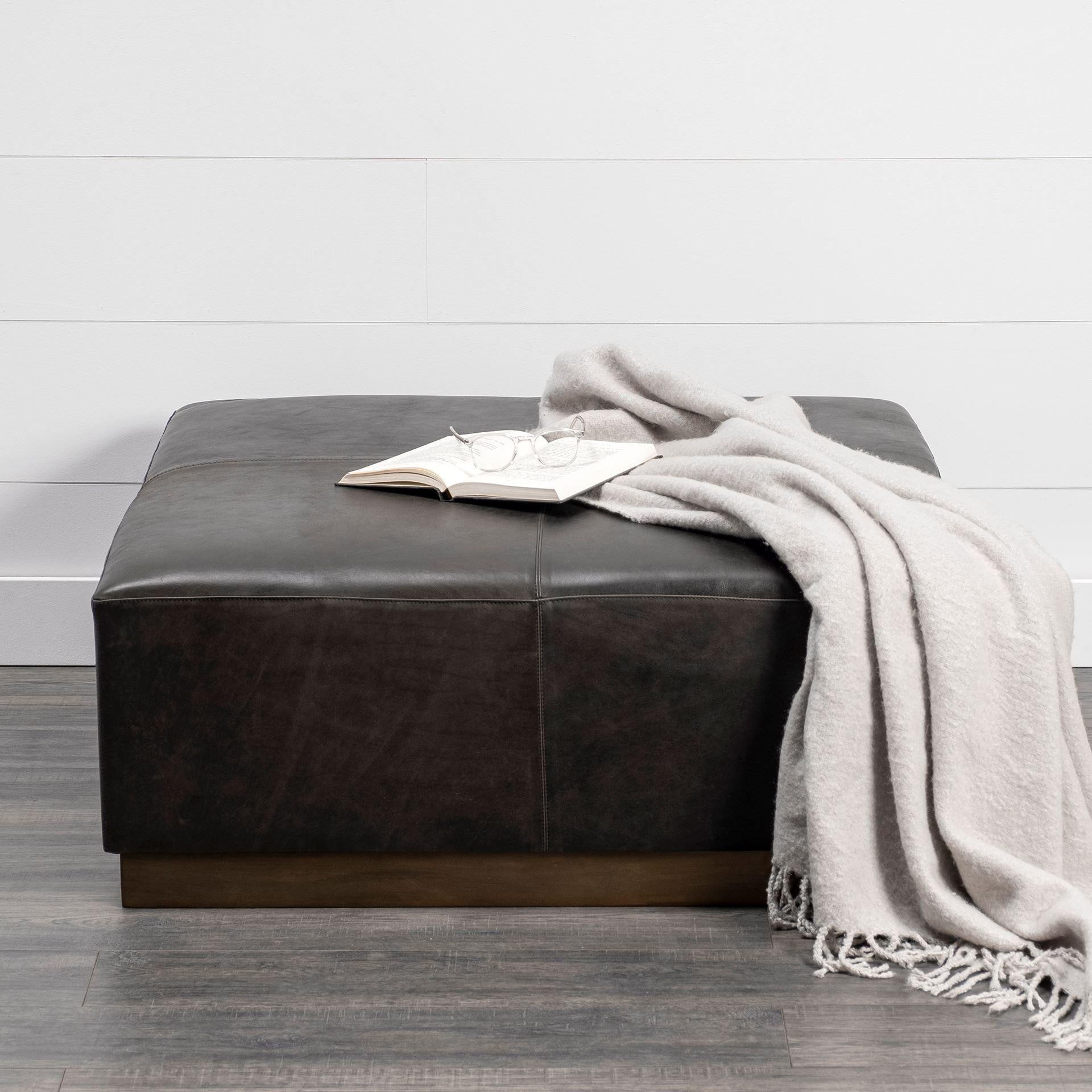 Black Leather Ottoman with Metal Base