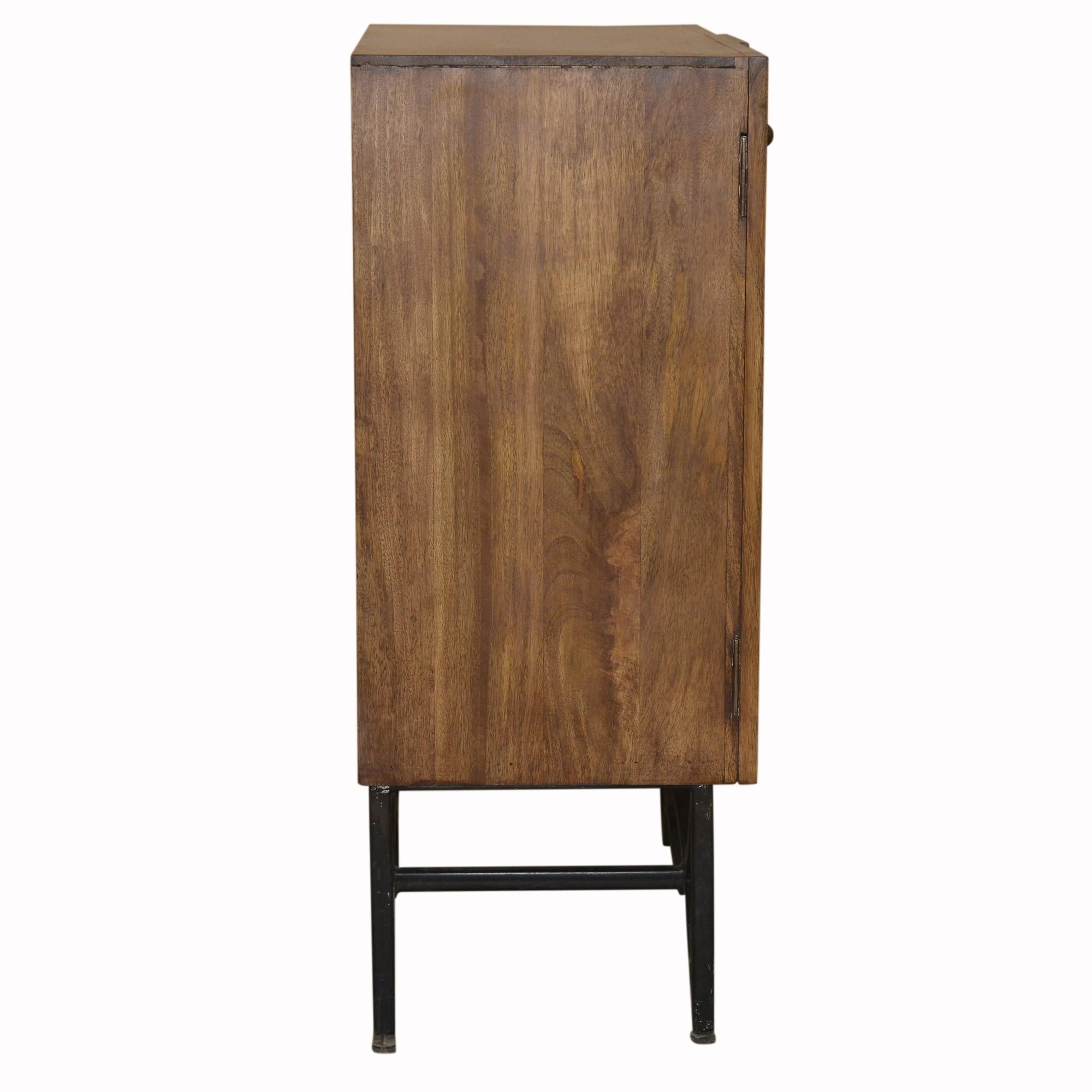 Natural Wood and Black Iron Scroll Double Door Cabinet