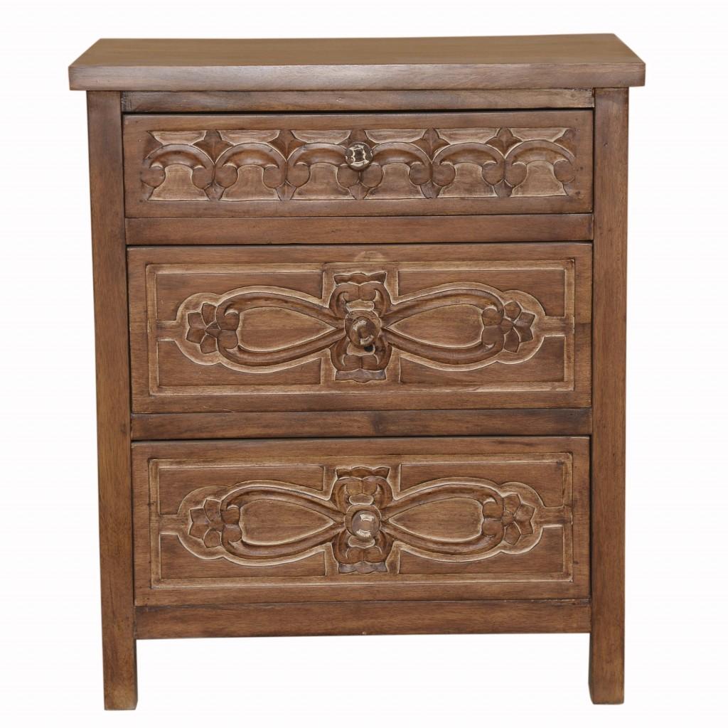 Artisanal Handcarved Natural Wood Three Drawer Nightstand