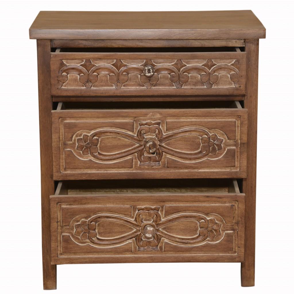 Artisanal Handcarved Natural Wood Three Drawer Nightstand