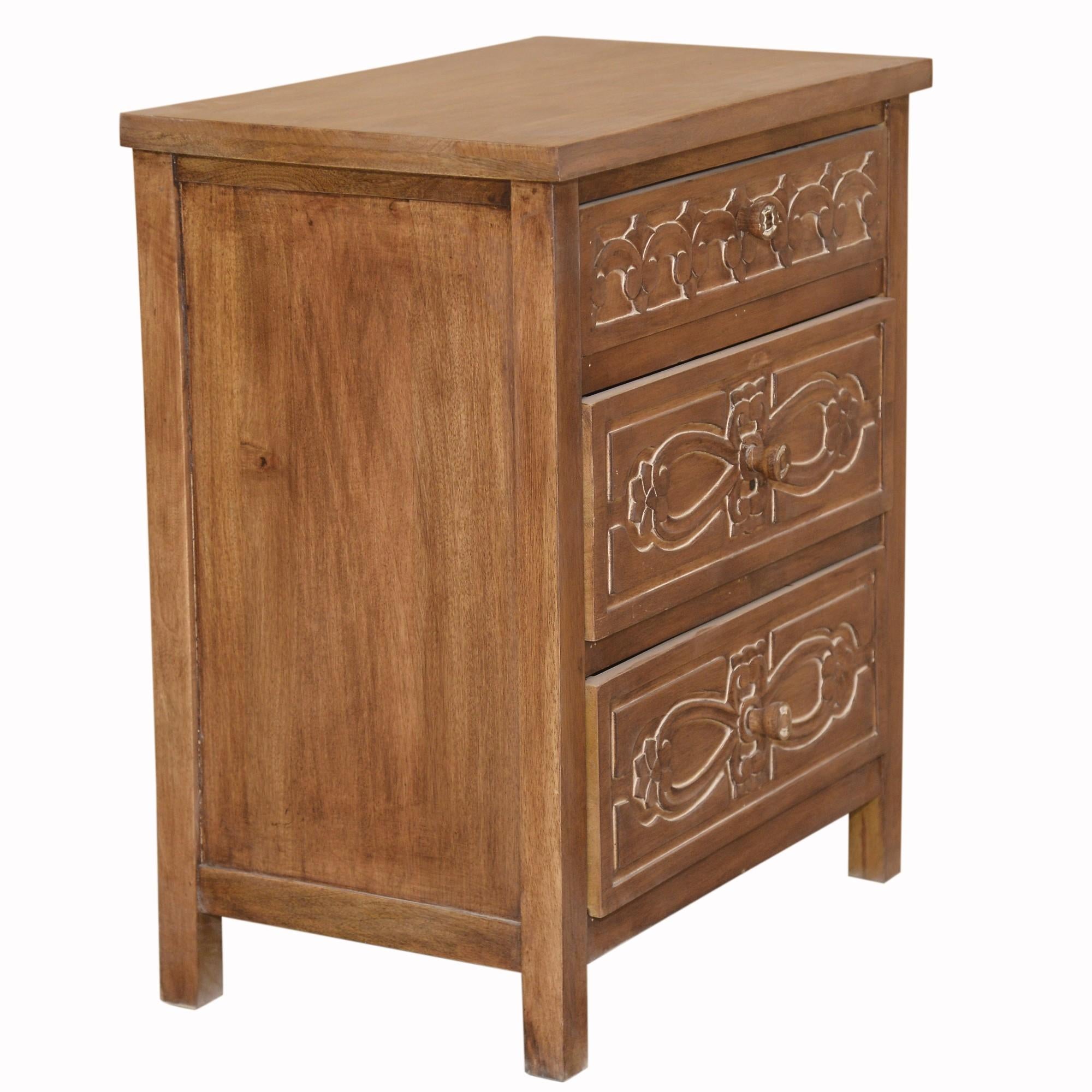 Artisanal Handcarved Natural Wood Three Drawer Nightstand