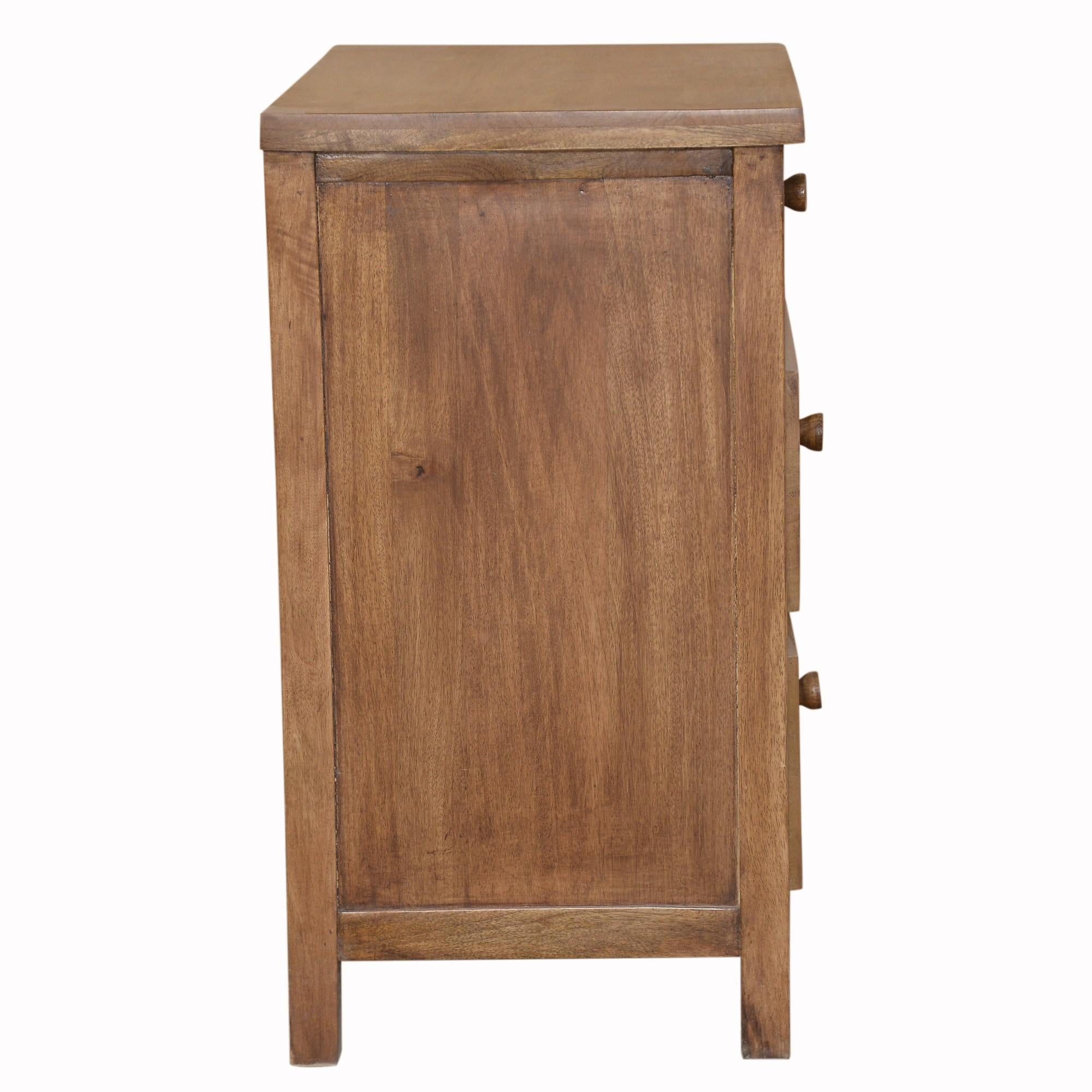 Artisanal Handcarved Natural Wood Three Drawer Nightstand