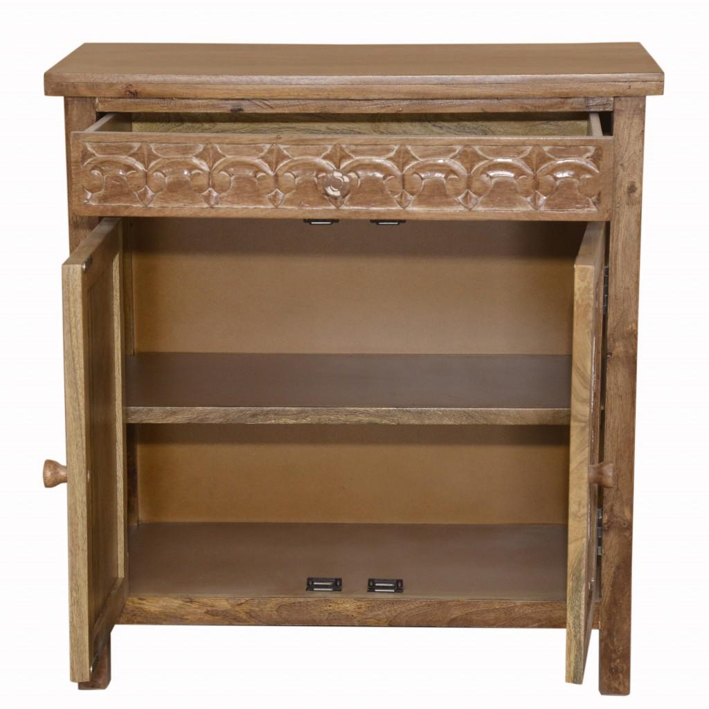 Artisanal Handcarved Natural Wood Accent Storage Cabinet