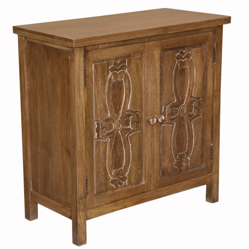 Artisanal Handcarved Natural Wood Double Door Cabinet