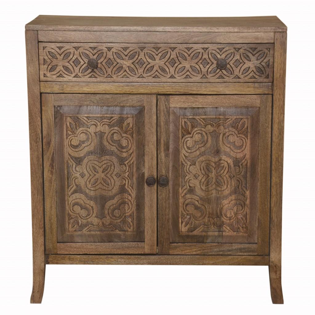 Artisanal Handcarved Dark Wood Accent Storage Cabinet