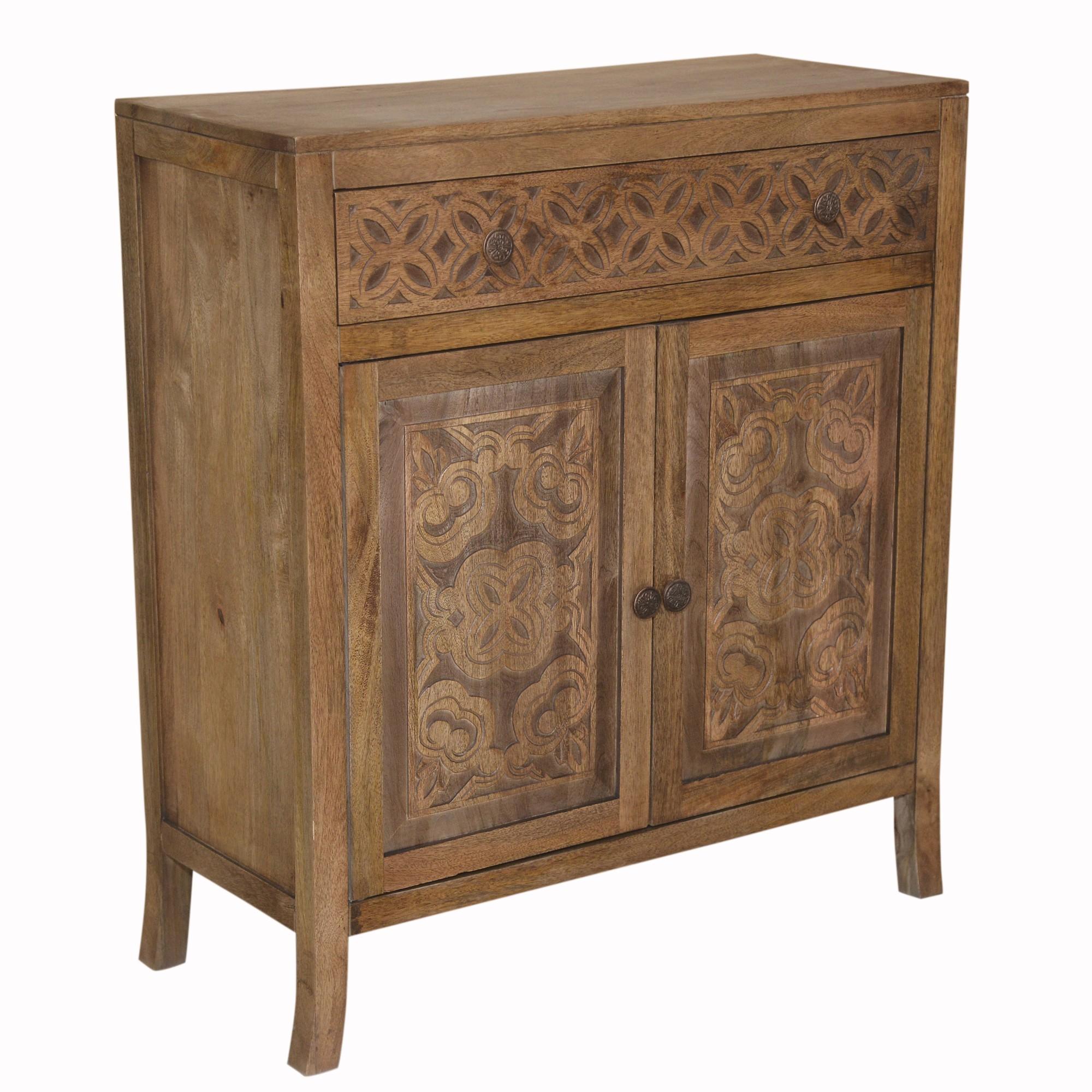 Artisanal Handcarved Dark Wood Accent Storage Cabinet