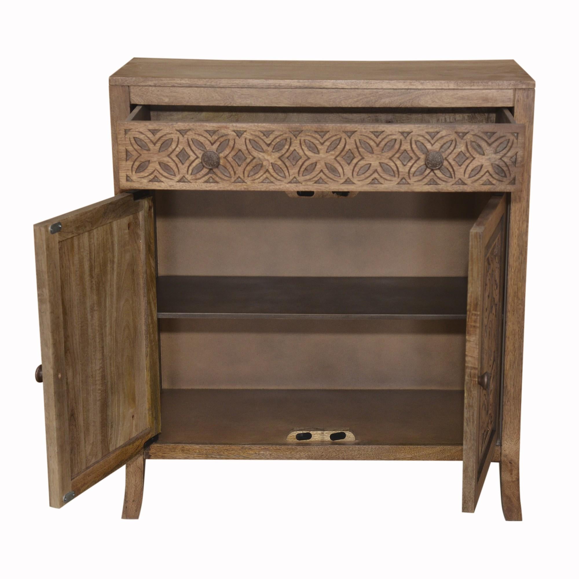 Artisanal Handcarved Dark Wood Accent Storage Cabinet